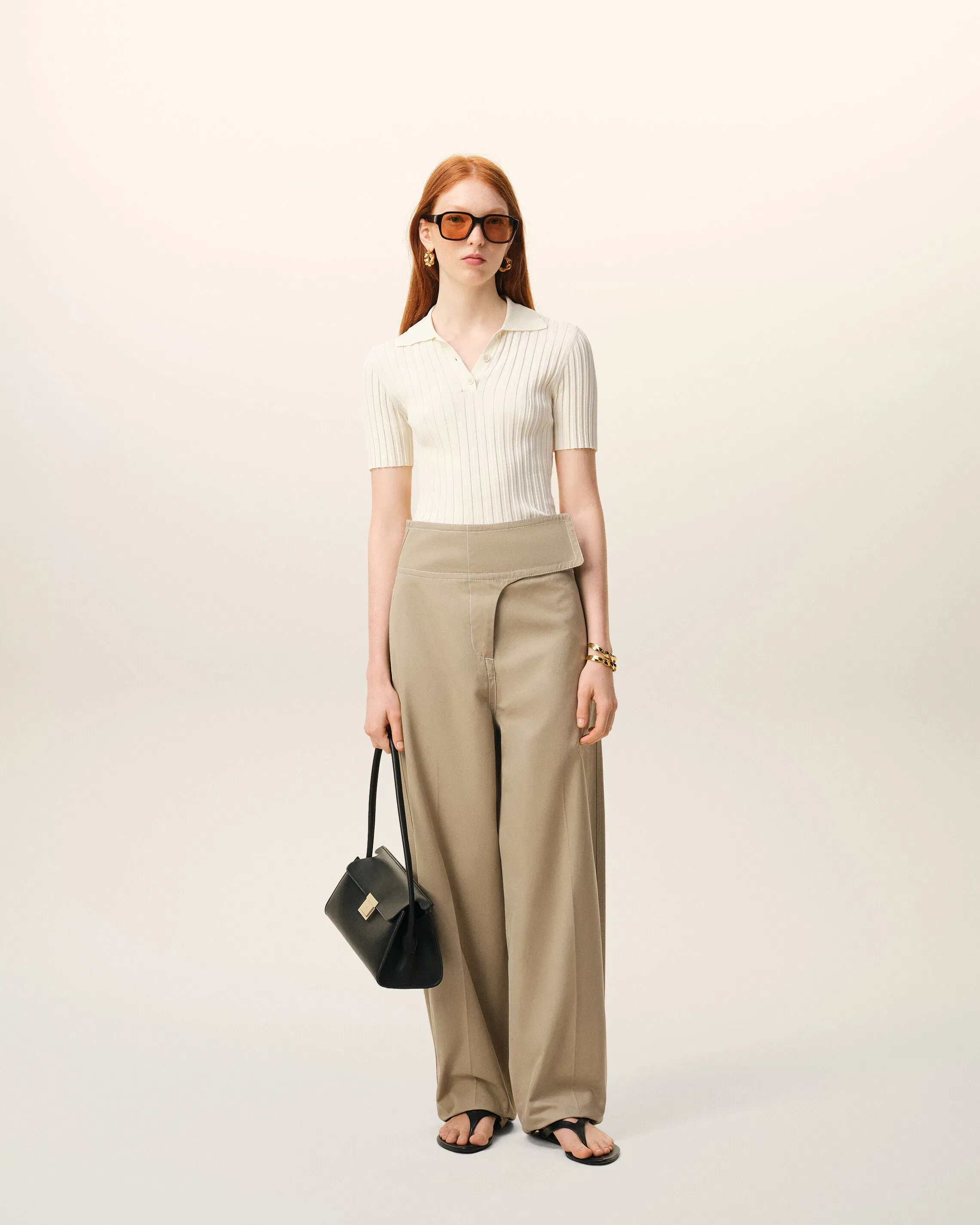 AmiParis Beige Cotton Wrapped Belted Trousers Women's