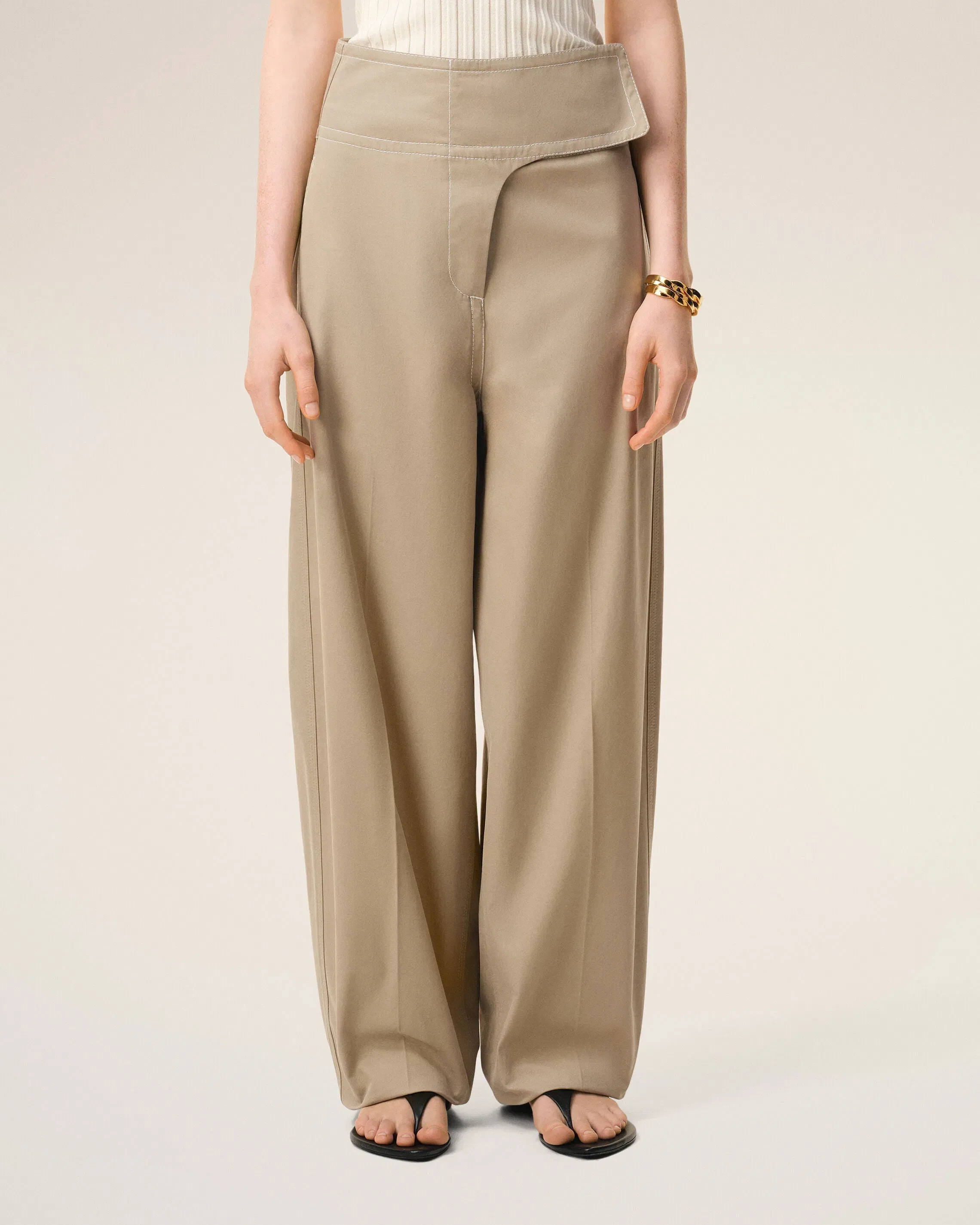 AmiParis Beige Cotton Wrapped Belted Trousers Women's