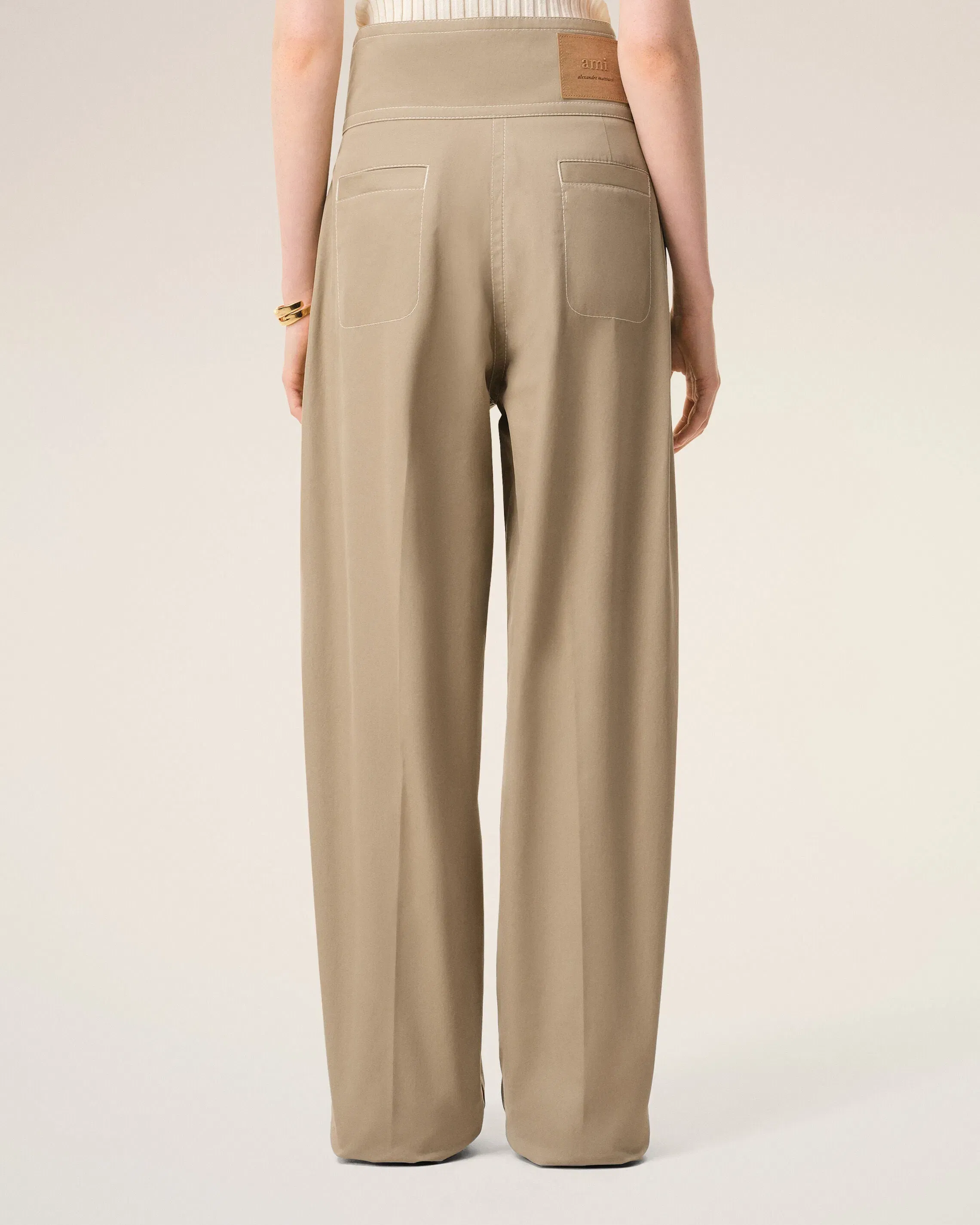 AmiParis Beige Cotton Wrapped Belted Trousers Women's