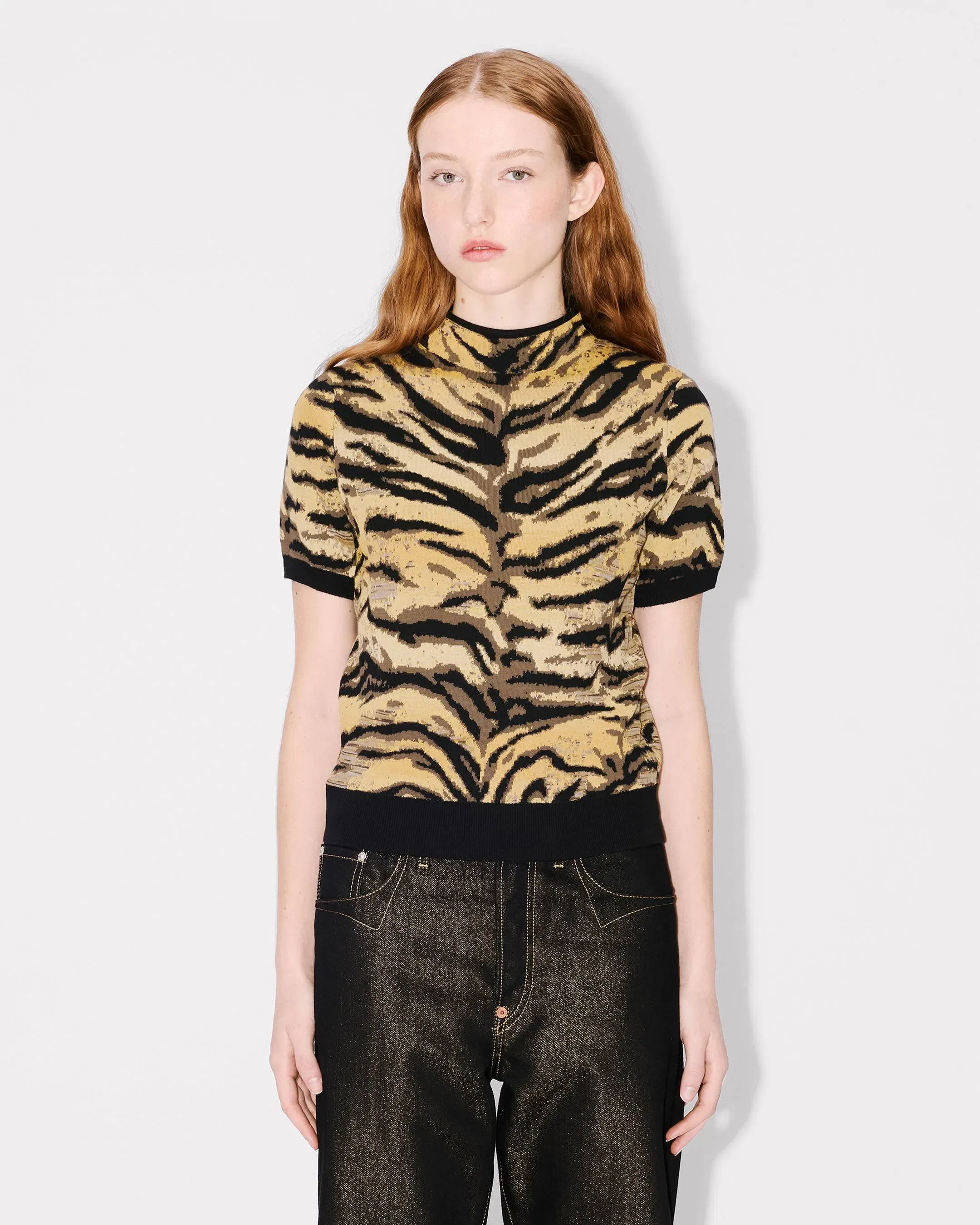 Kenzo Tiger Mock Neck Top In Mixed Cotton Wool Women's