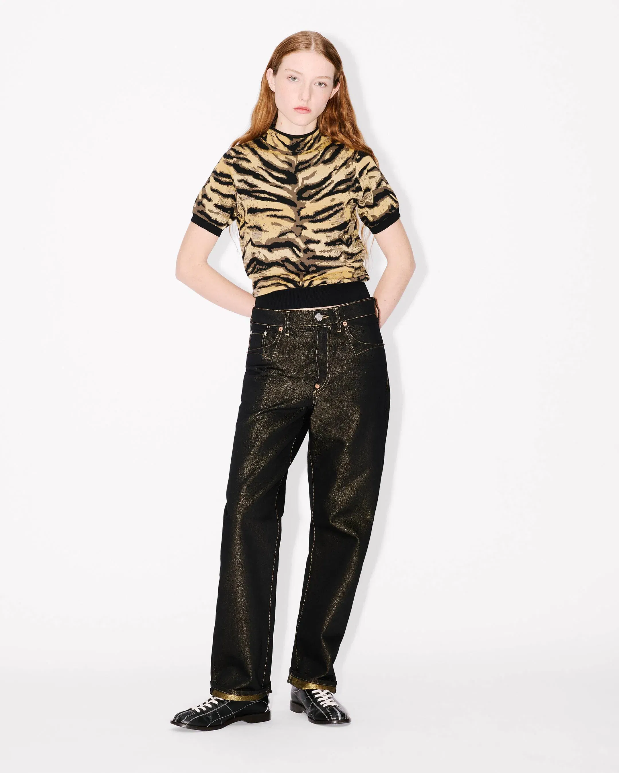 Kenzo Tiger Mock Neck Top In Mixed Cotton Wool Women's
