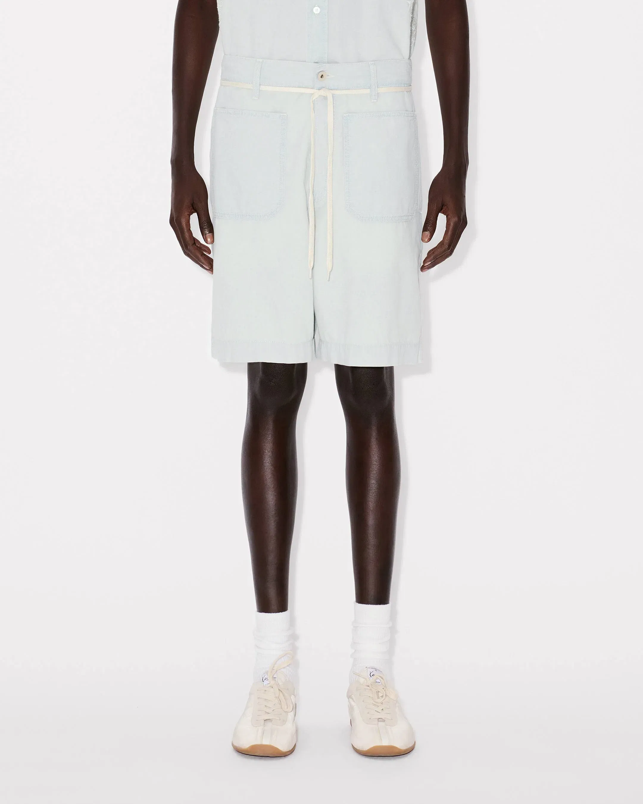 Kenzo Lace Straight Shorts In Stone Bleach Chambray