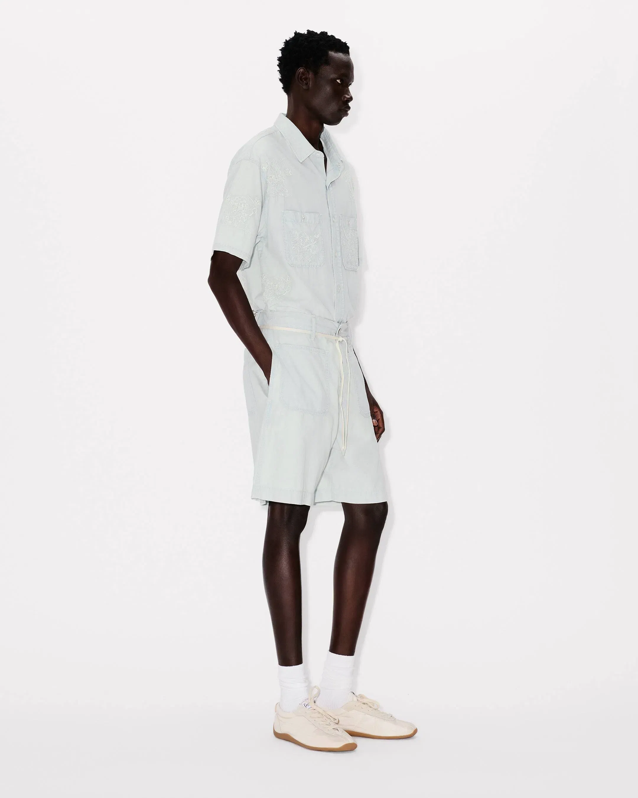 Kenzo Lace Straight Shorts In Stone Bleach Chambray