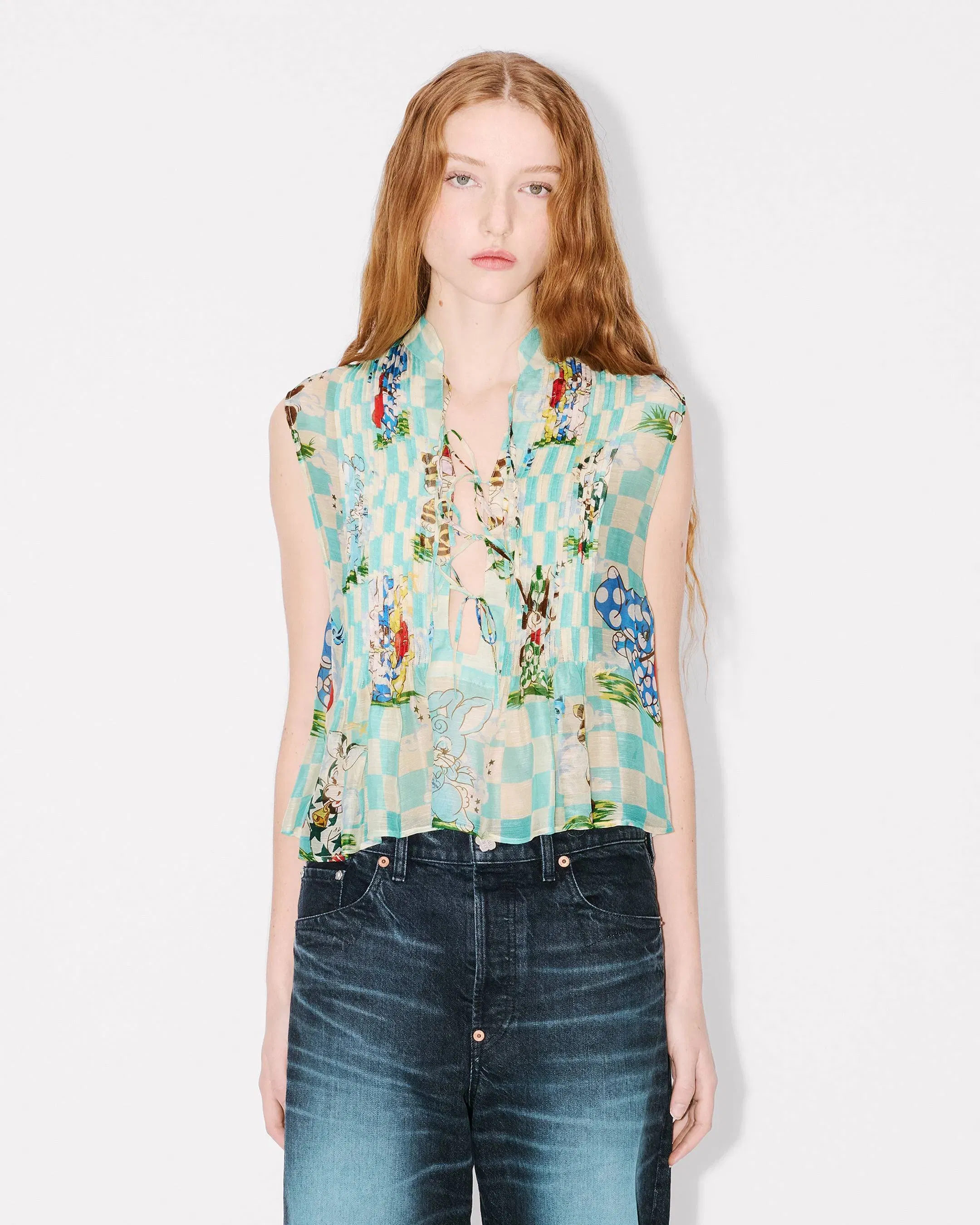 Kenzo Cartoon Sleeveless Top In Mixed Silk Linen Women's