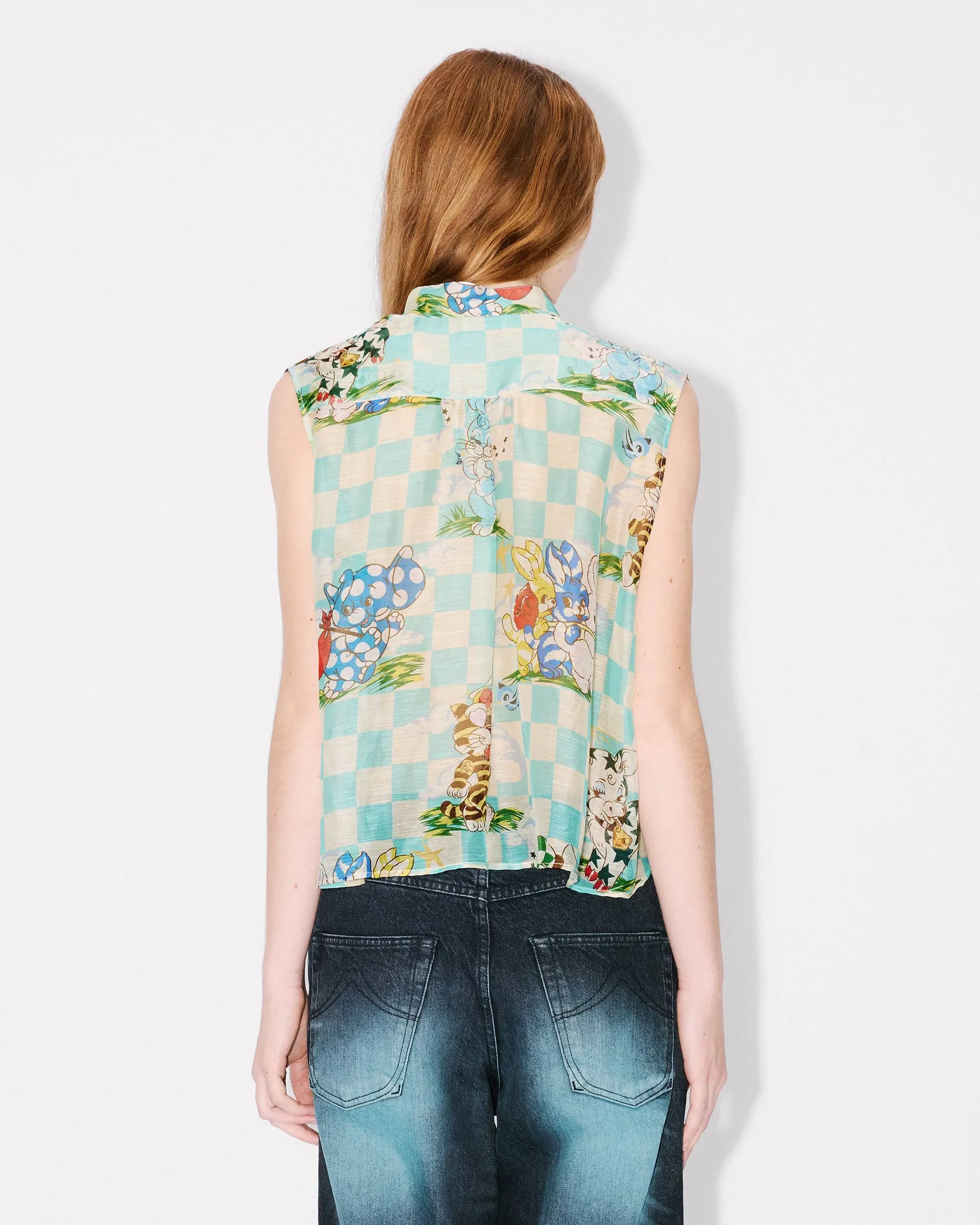 Kenzo Cartoon Sleeveless Top In Mixed Silk Linen Women's