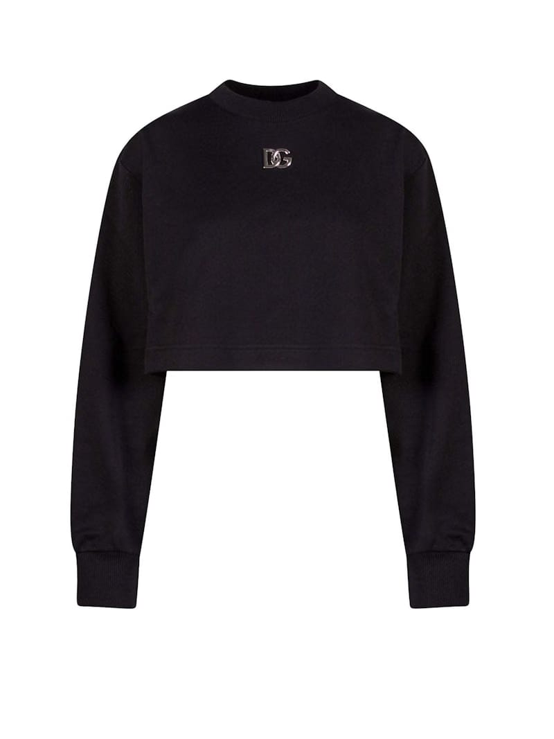 Dolce & Gabbana Woman Crop Fit Cotton DG Patch Sweatshirt Black