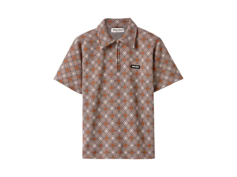 Miu Miu Silk Check Polo Shirt Tabacco