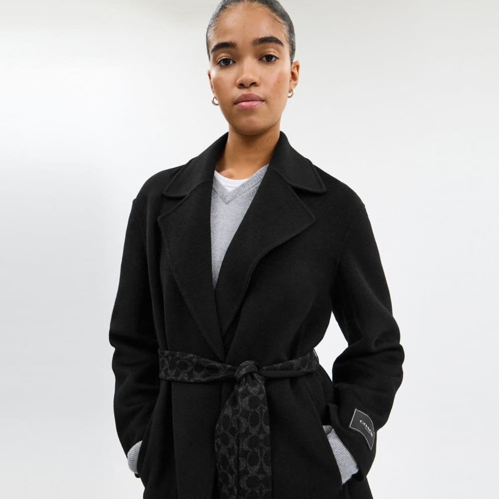 Coach Belted Wool Long Coat Black
