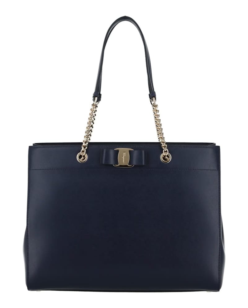 Ferragamo Vara Bow Smooth Leather Tote Navy