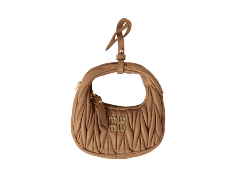 Miu Miu Wander Matelasse Nappa Leather Micro Hobo Bag Caramel