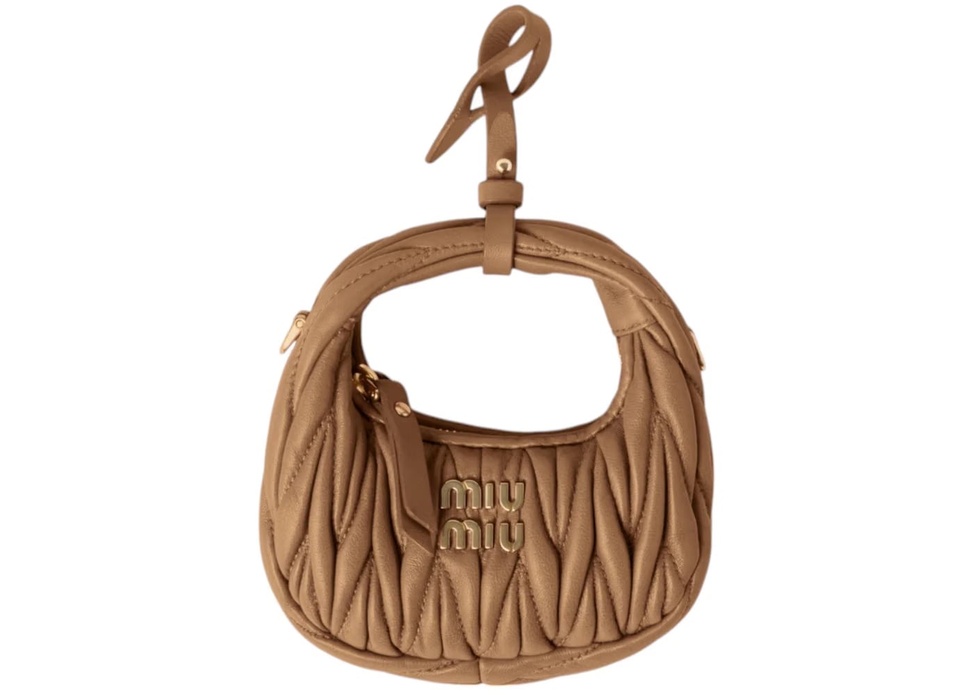 Miu Miu Wander Matelasse Nappa Leather Micro Hobo Bag Caramel