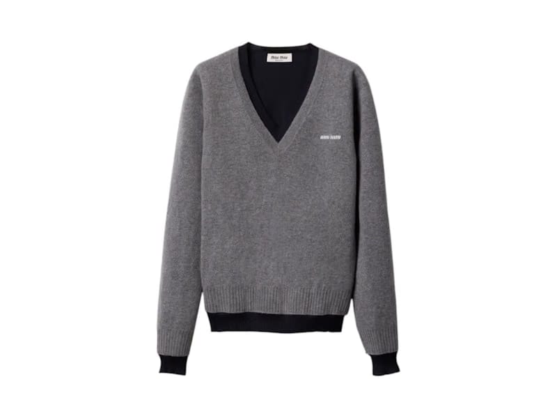 Miu Miu Silk Cashmere V-Neck Sweater Grigio Blu