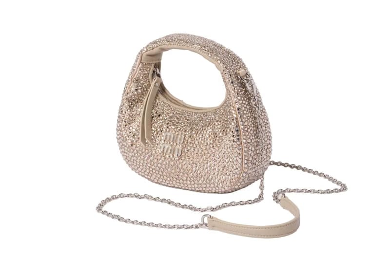Miu Miu Wander Satin and Silk Mini Hobo Bag with Synthetic Crystals Sand Beige