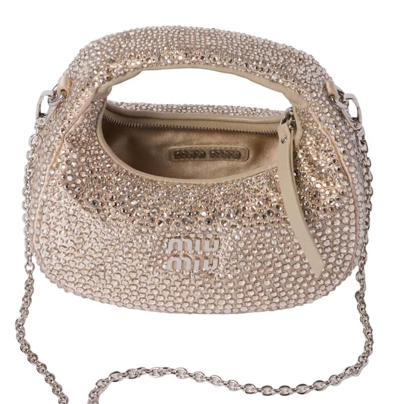 Miu Miu Wander Satin and Silk Mini Hobo Bag with Synthetic Crystals Sand Beige