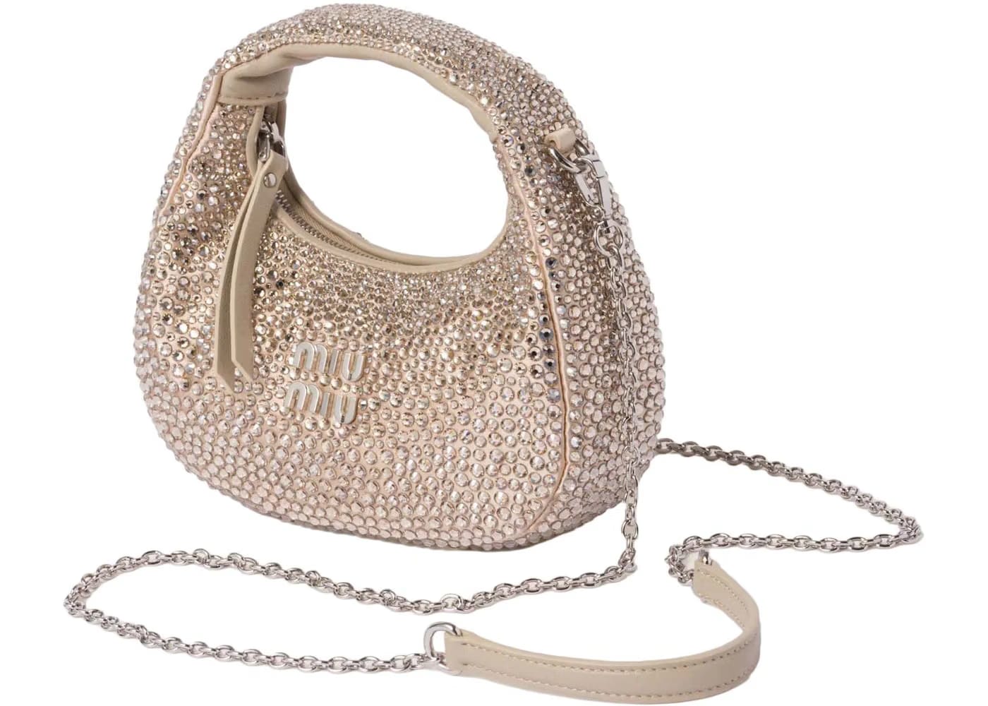 Miu Miu Wander Satin and Silk Mini Hobo Bag with Synthetic Crystals Sand Beige