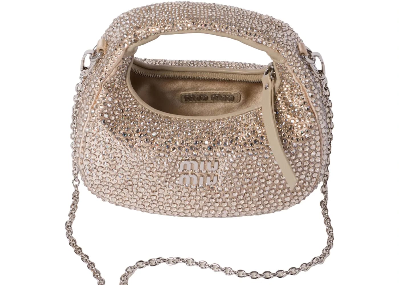 Miu Miu Wander Satin and Silk Mini Hobo Bag with Synthetic Crystals Sand Beige