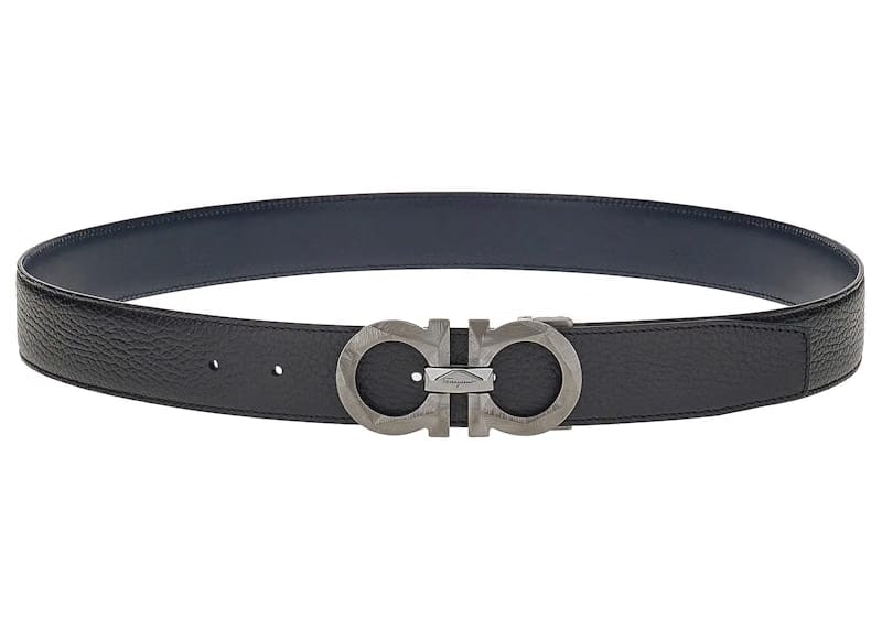 Ferragamo Reversible And Adjustable Gancini Belt Chiseled Black/Blue Marine
