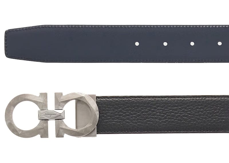 Ferragamo Reversible And Adjustable Gancini Belt Chiseled Black/Blue Marine