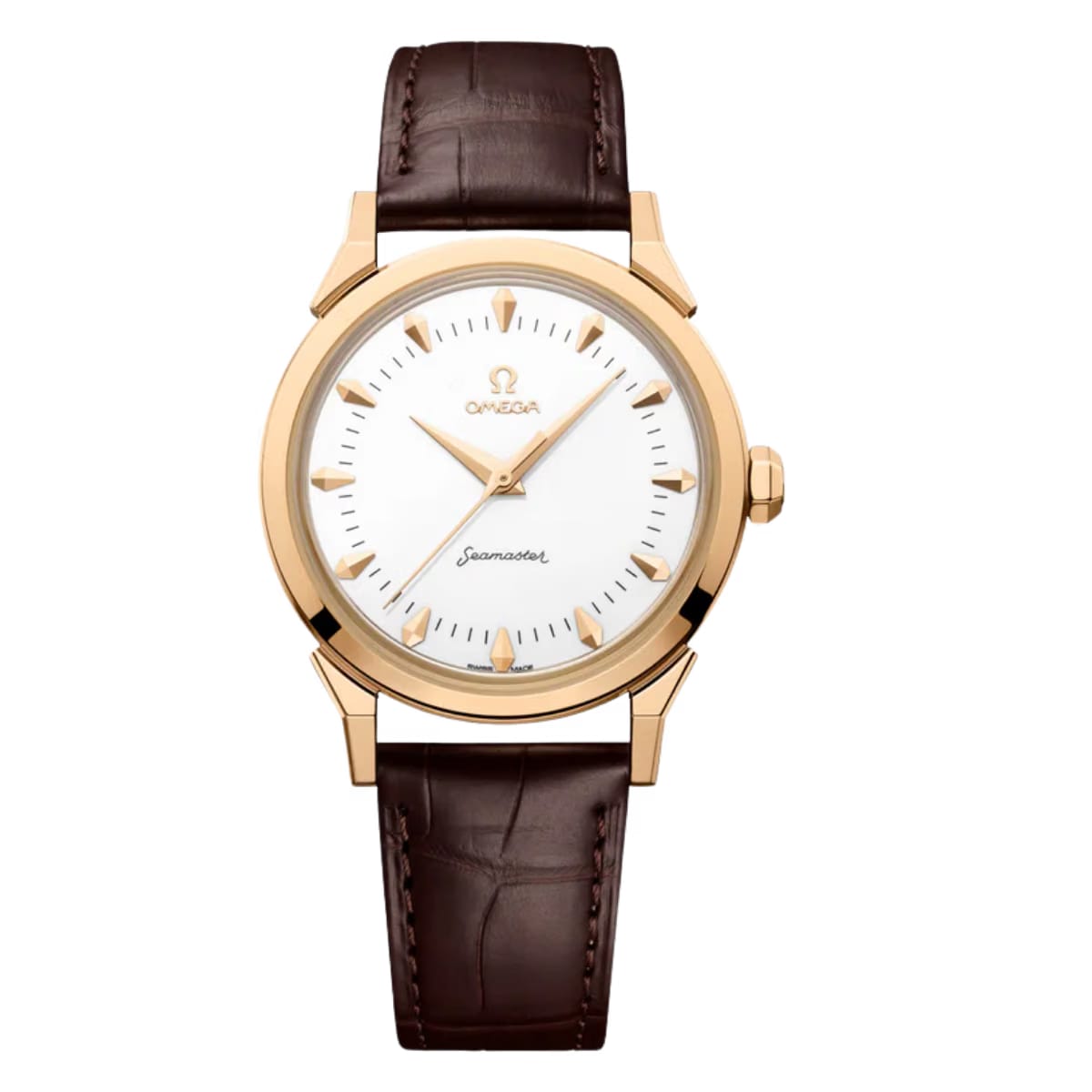 Omega Seamaster Milano Cortina 2026 White Dial Moonshine Gold Alligator Brown Leather Strap Watch - 522.53.37.20.04.001