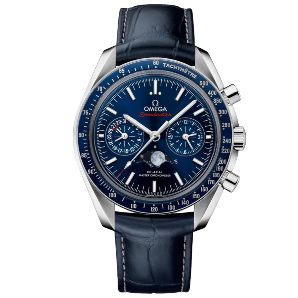 Omega Speedmaster Moonphase Blue Sun-Brushed Dial Dial Leather Strap Watch - 304.33.44.52.03.001