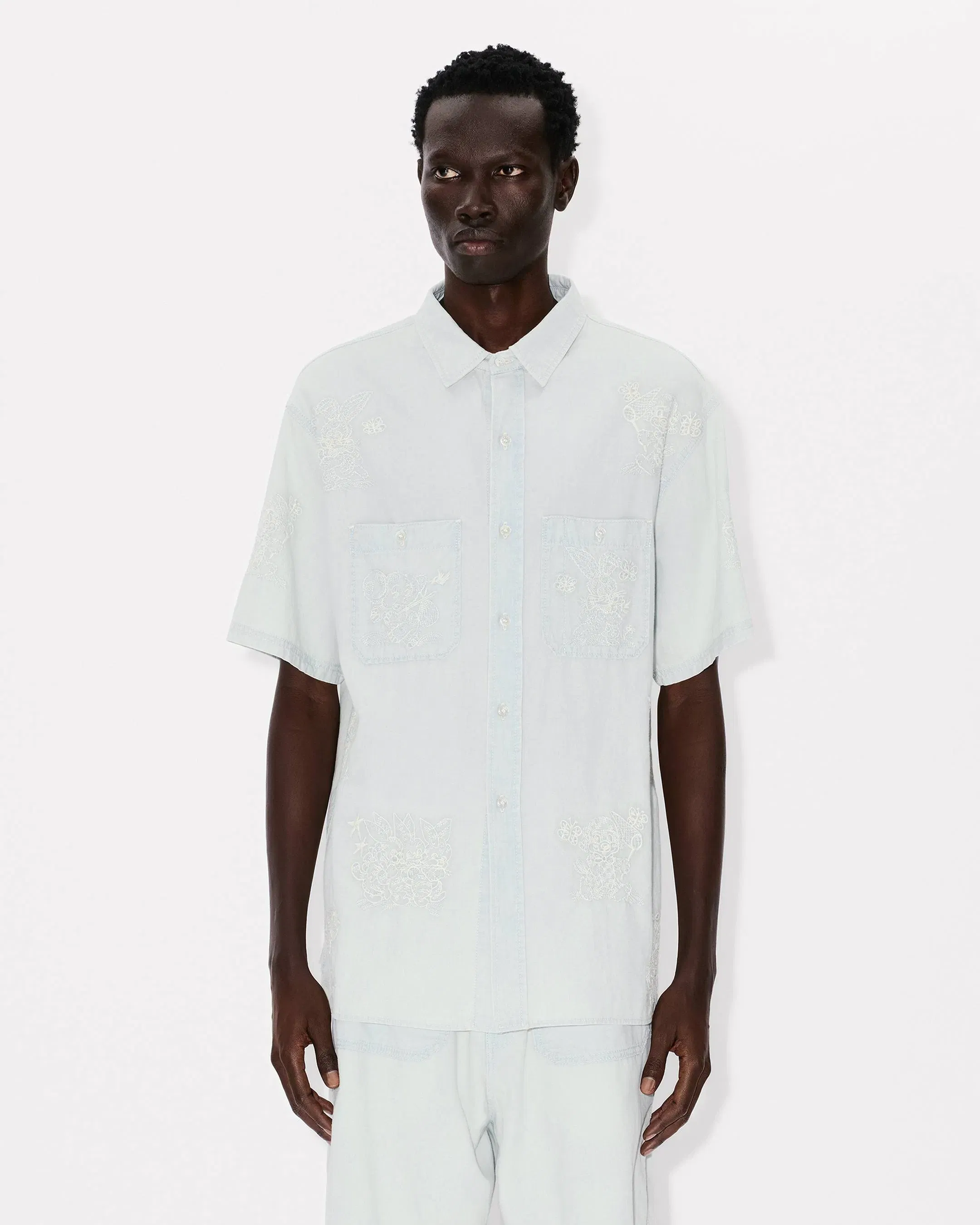 Kenzo Cartoon Embroidered Short Sleeve Shirt In Stone Bleach Chambray