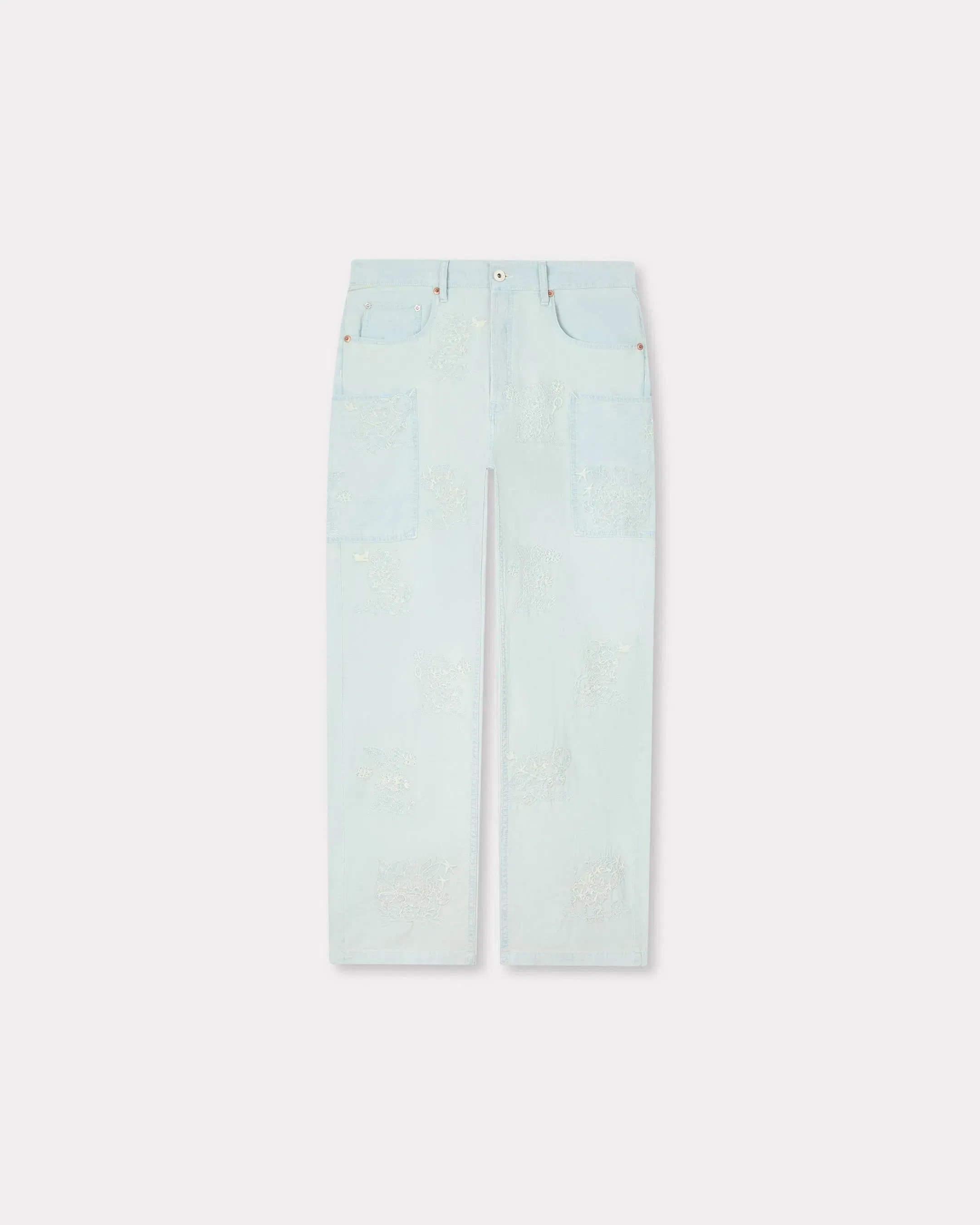 Kenzo Cartoon Embroidered Cargo Monkey Fit Jeans In Stone Bleach Chambray