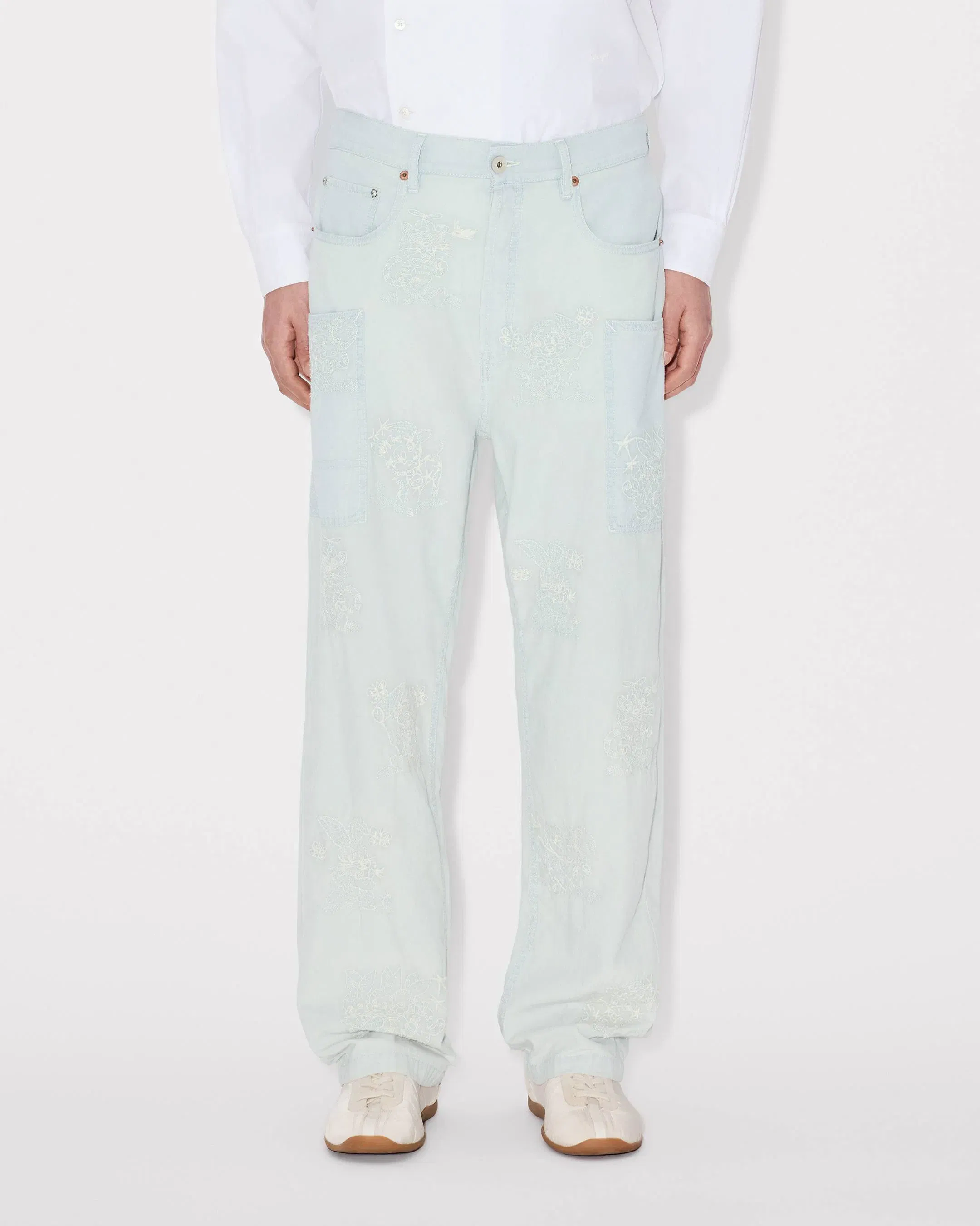 Kenzo Cartoon Embroidered Cargo Monkey Fit Jeans In Stone Bleach Chambray
