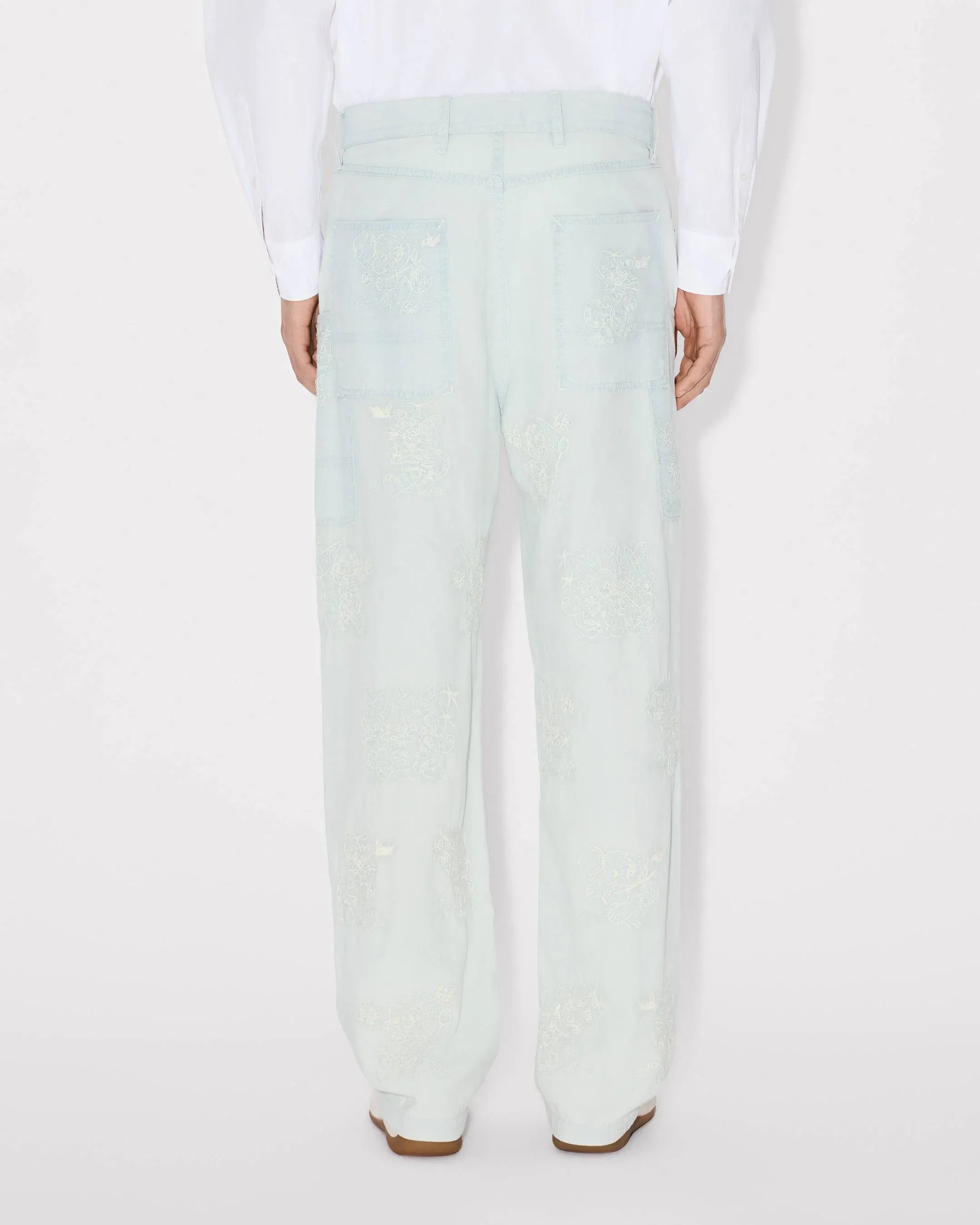 Kenzo Cartoon Embroidered Cargo Monkey Fit Jeans In Stone Bleach Chambray