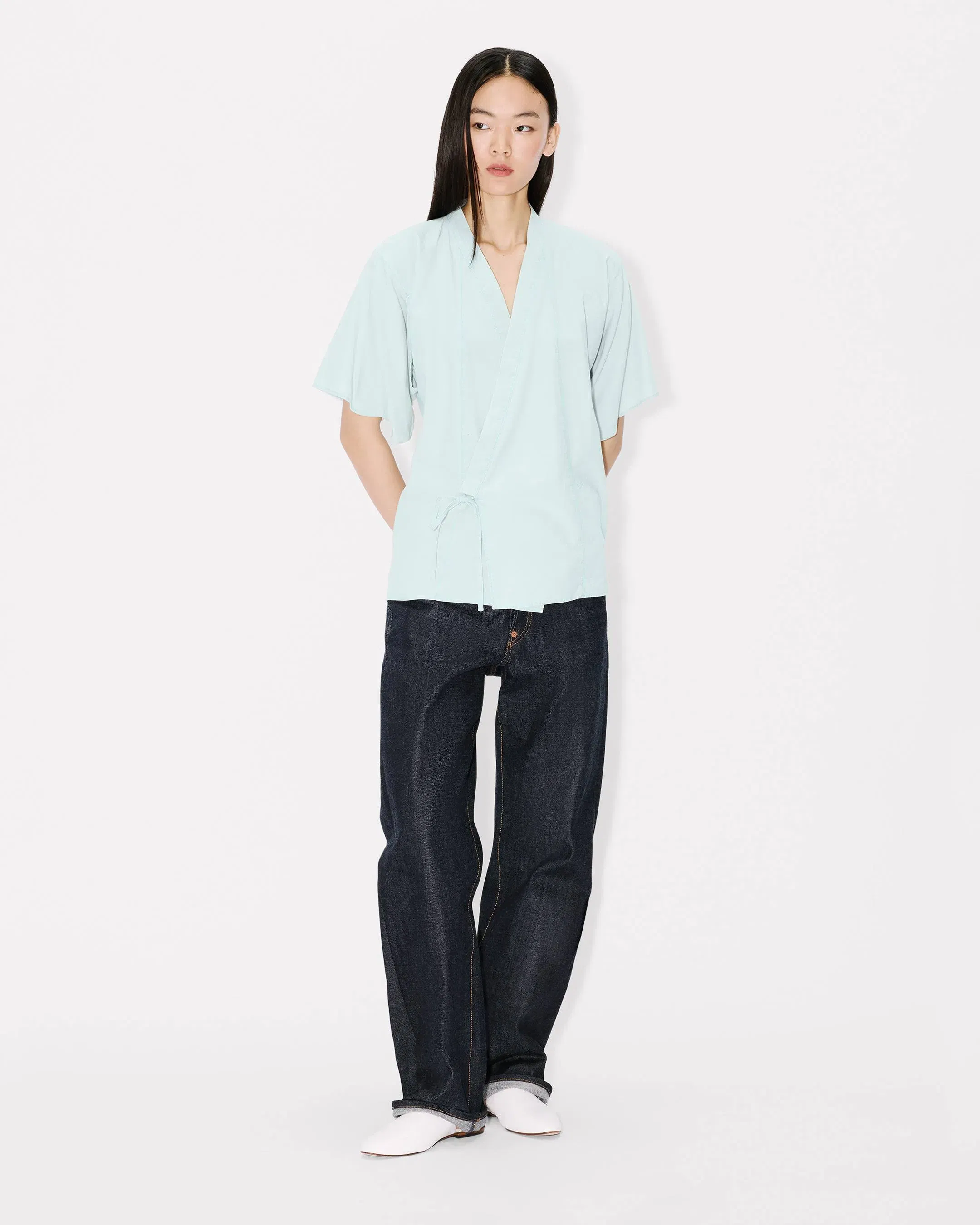 Kenzo Loose Kimono Shirt In Stone Bleach Chambray Women's