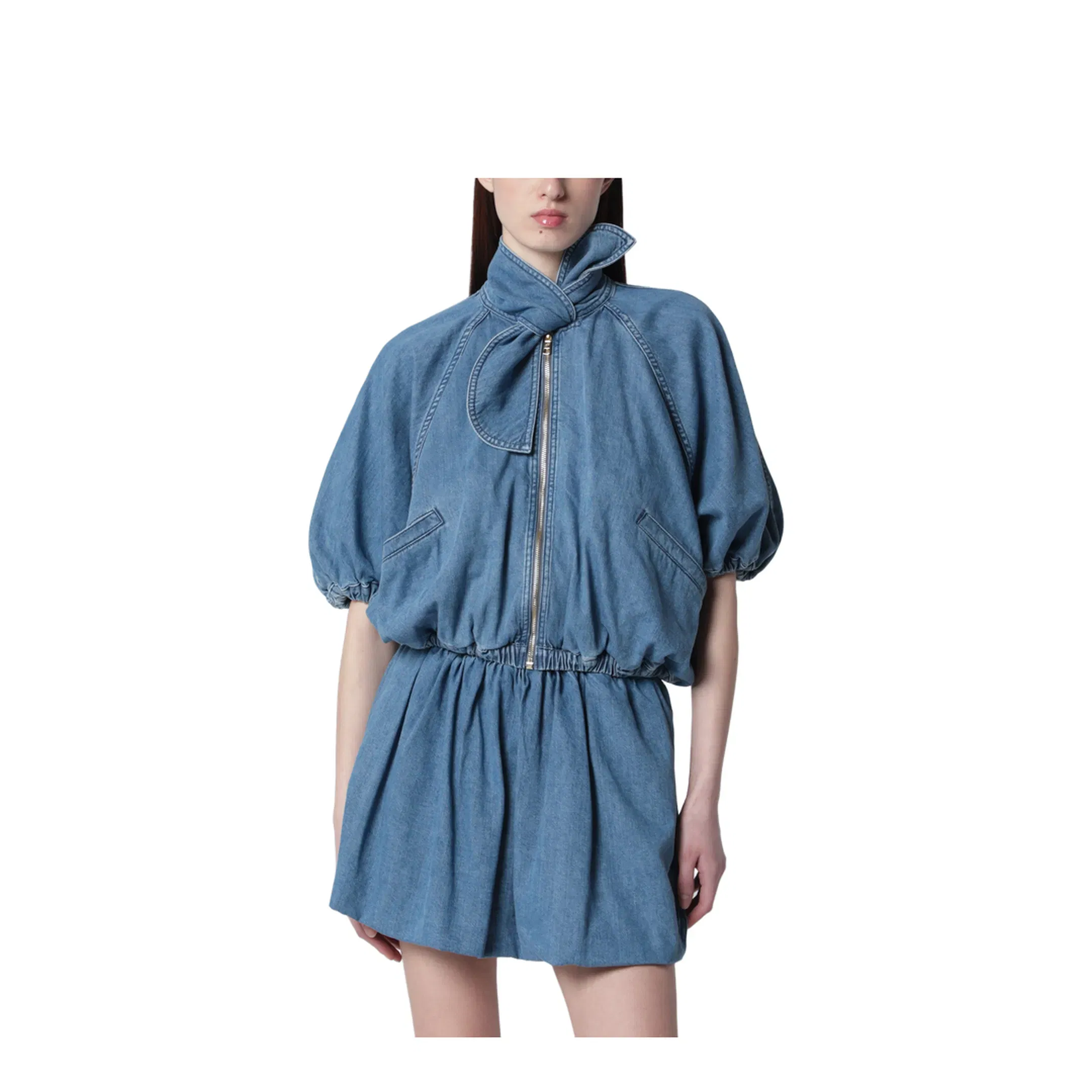Volume Blouson Tied in Blue Cotton Blend
