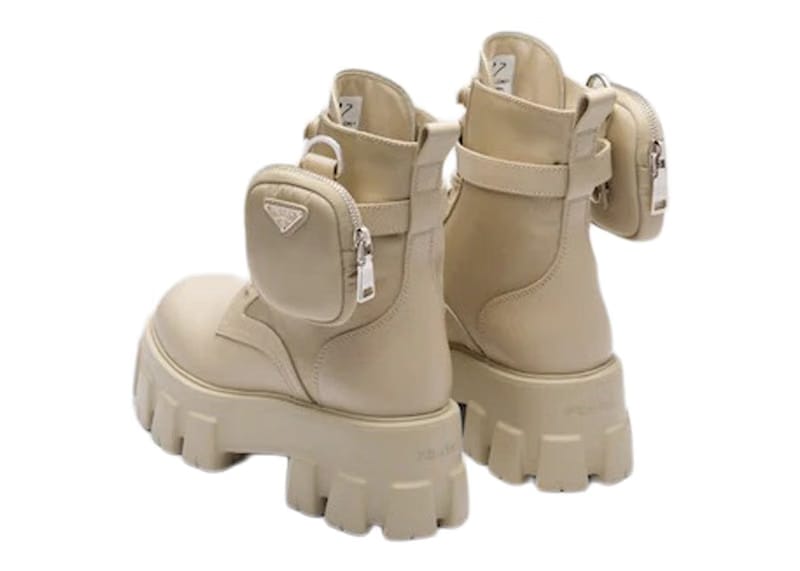 Prada Monolith 55mm Pouch Ankle Boots Desert Beige Leather