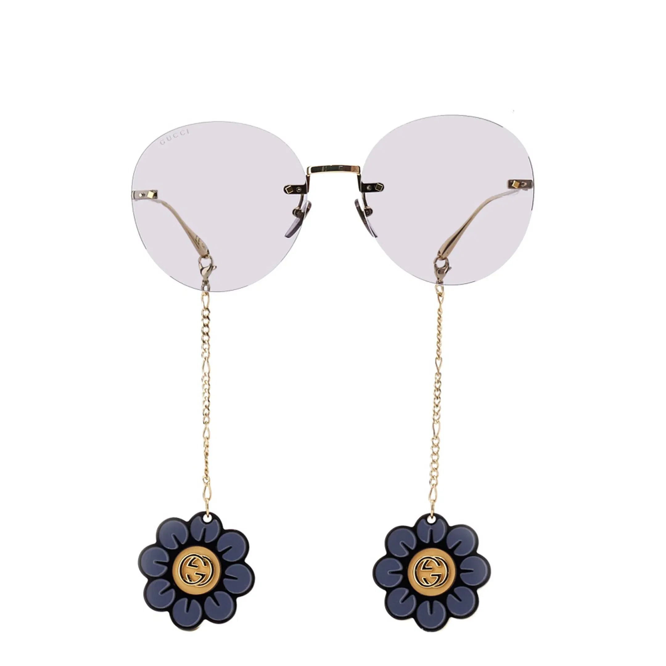 Floral-pendant round-frame sunglasses