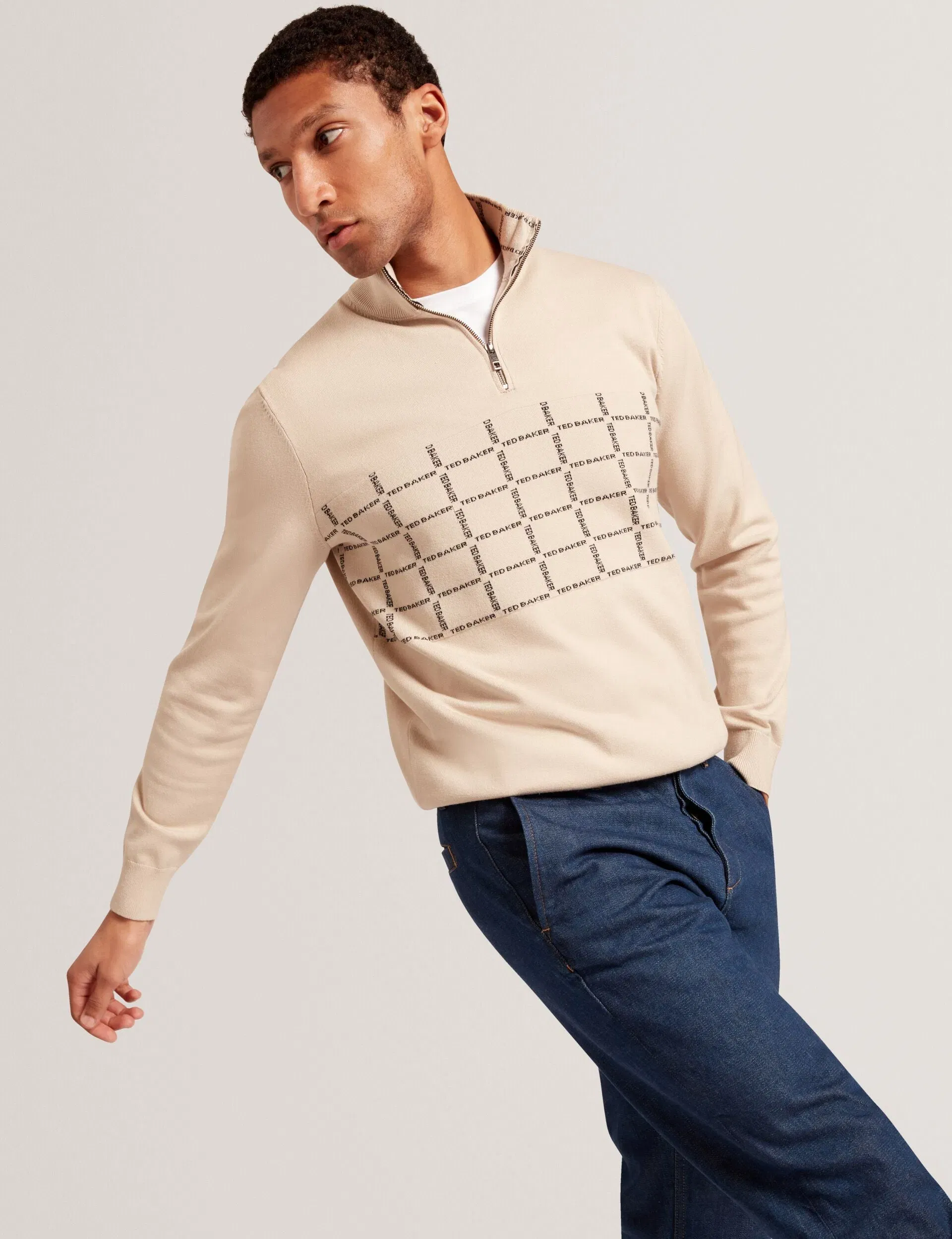 Ted Baker Robinsn Branded Check Panel Half Zip Jumper