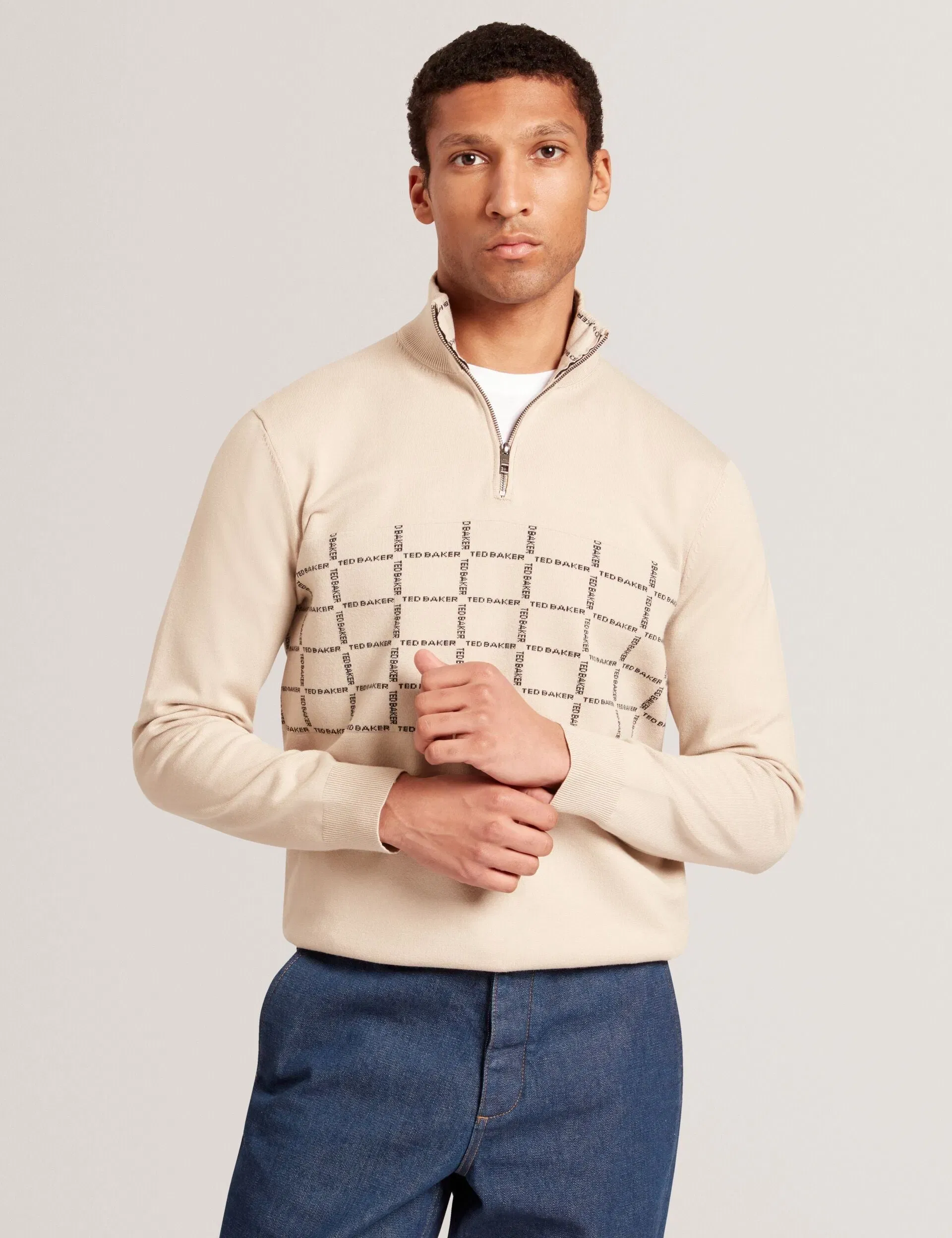 Ted Baker Robinsn Branded Check Panel Half Zip Jumper