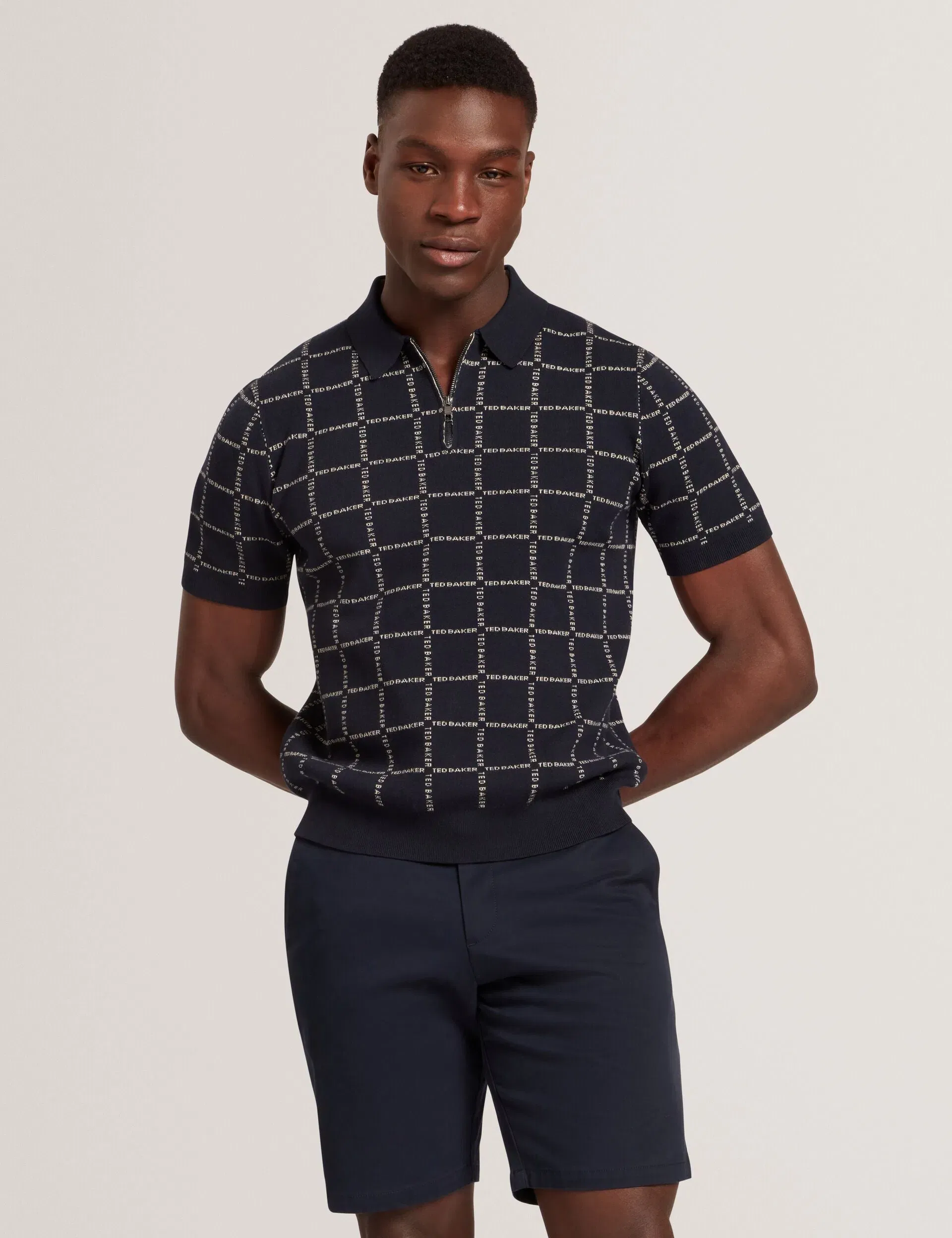 Ted Baker Harlens Branded Check Zip Neck Knit Polo