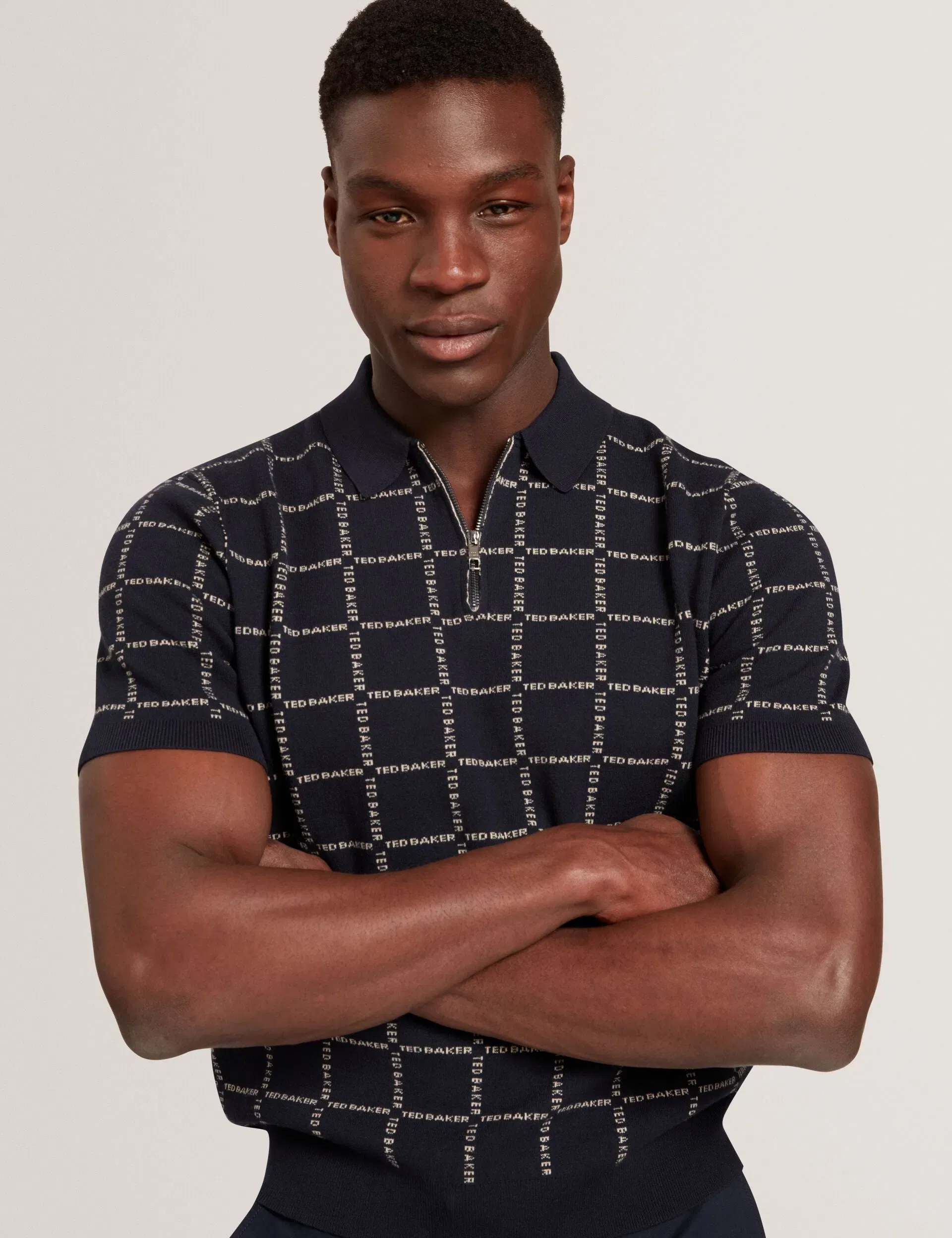 Ted Baker Harlens Branded Check Zip Neck Knit Polo