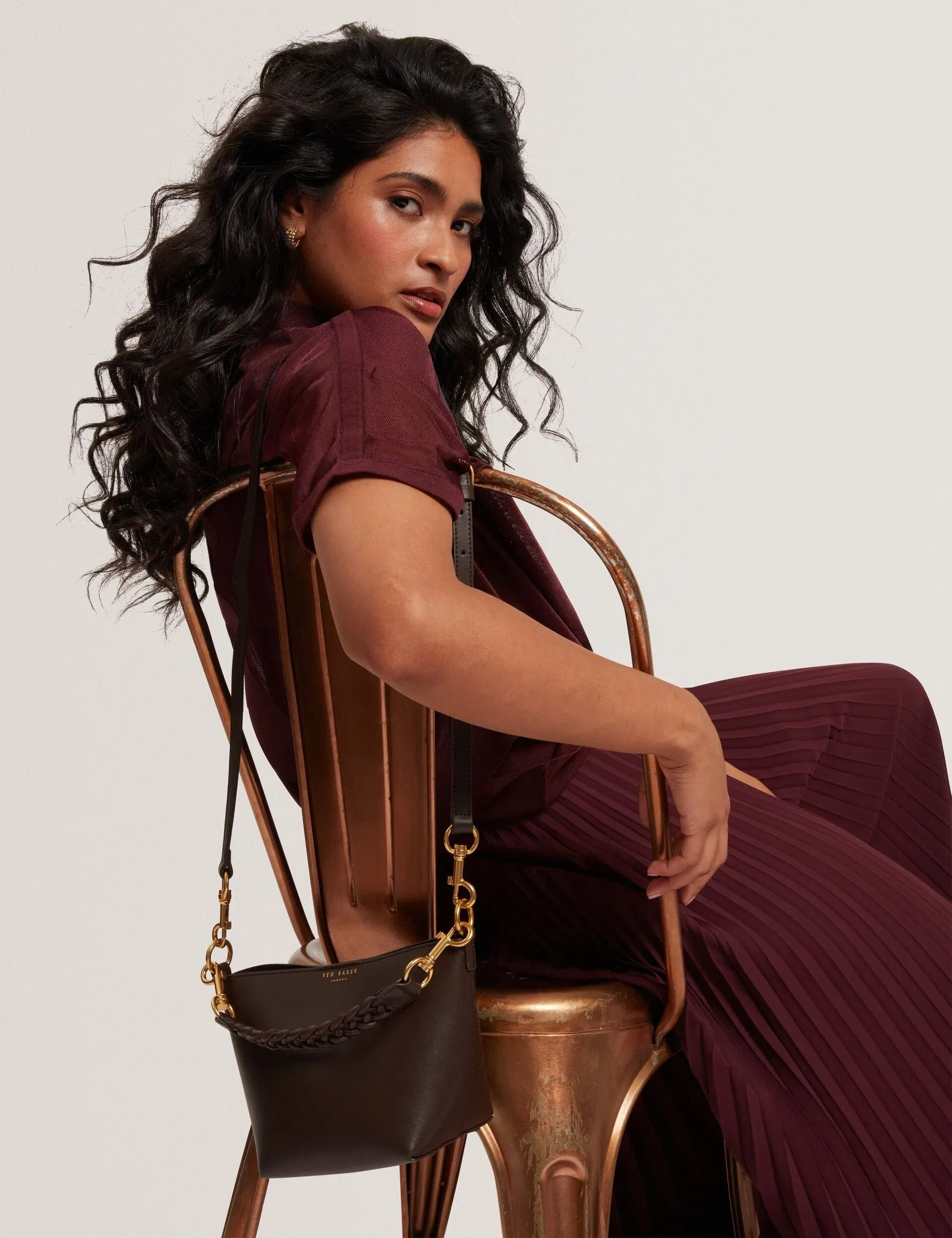 Ted Baker Wavely Plaited Handle Small Bucket Tote Bag Chocolate Women's