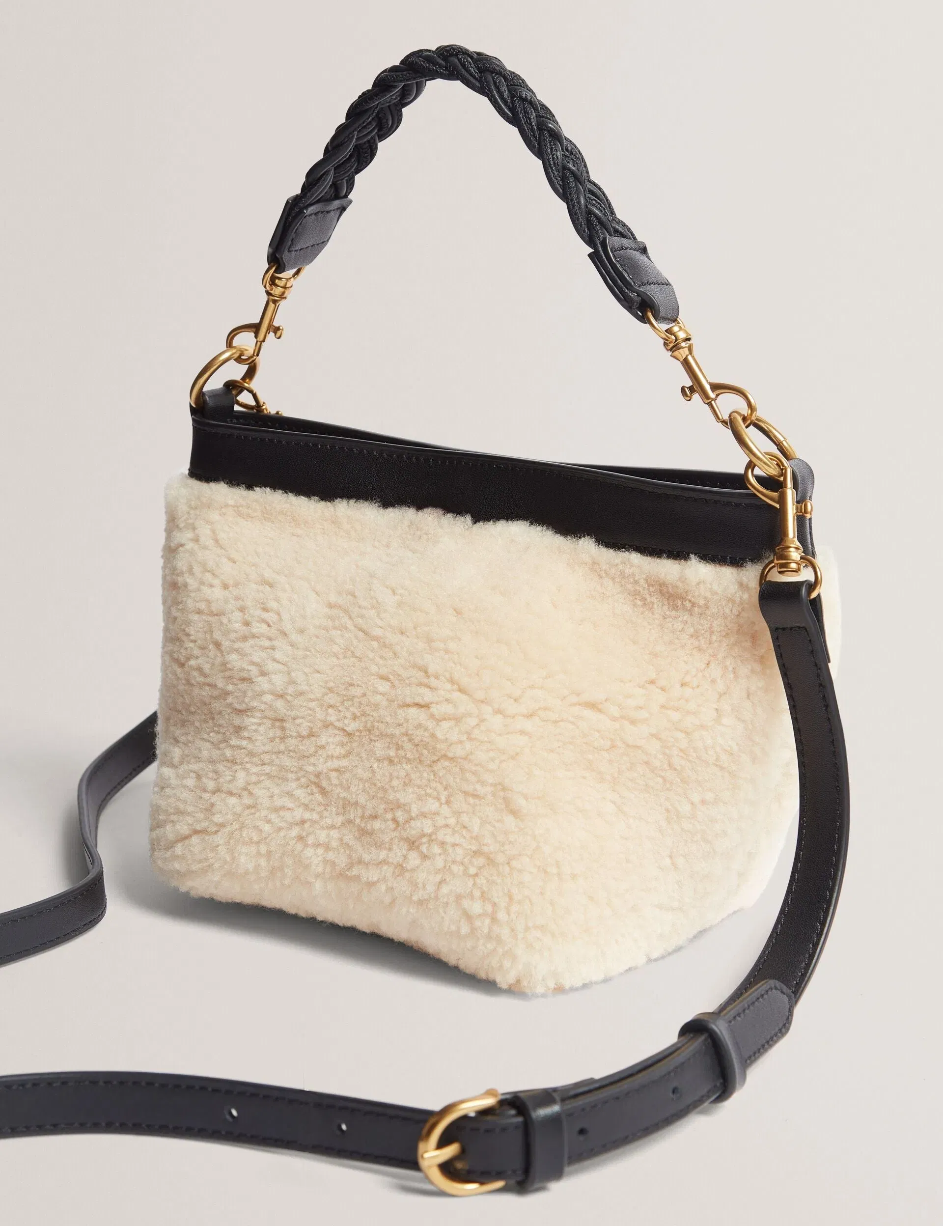 Ted Baker Sherbaa Shearling Plaited Handle Small Bucket Bag Black Women's