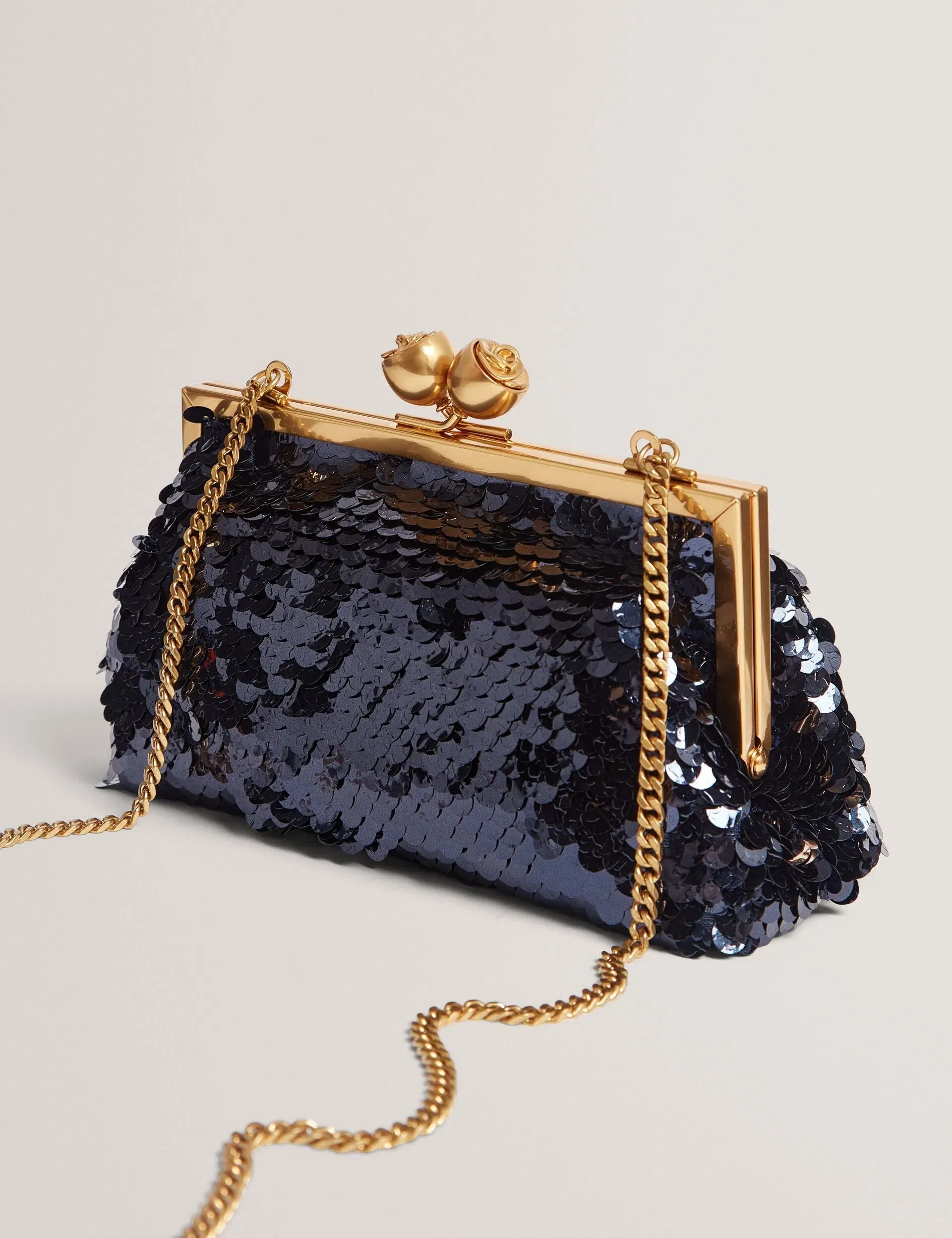 Ted Baker Sequinz Sequin Rose Clasp Clutch Bag Navy Women's