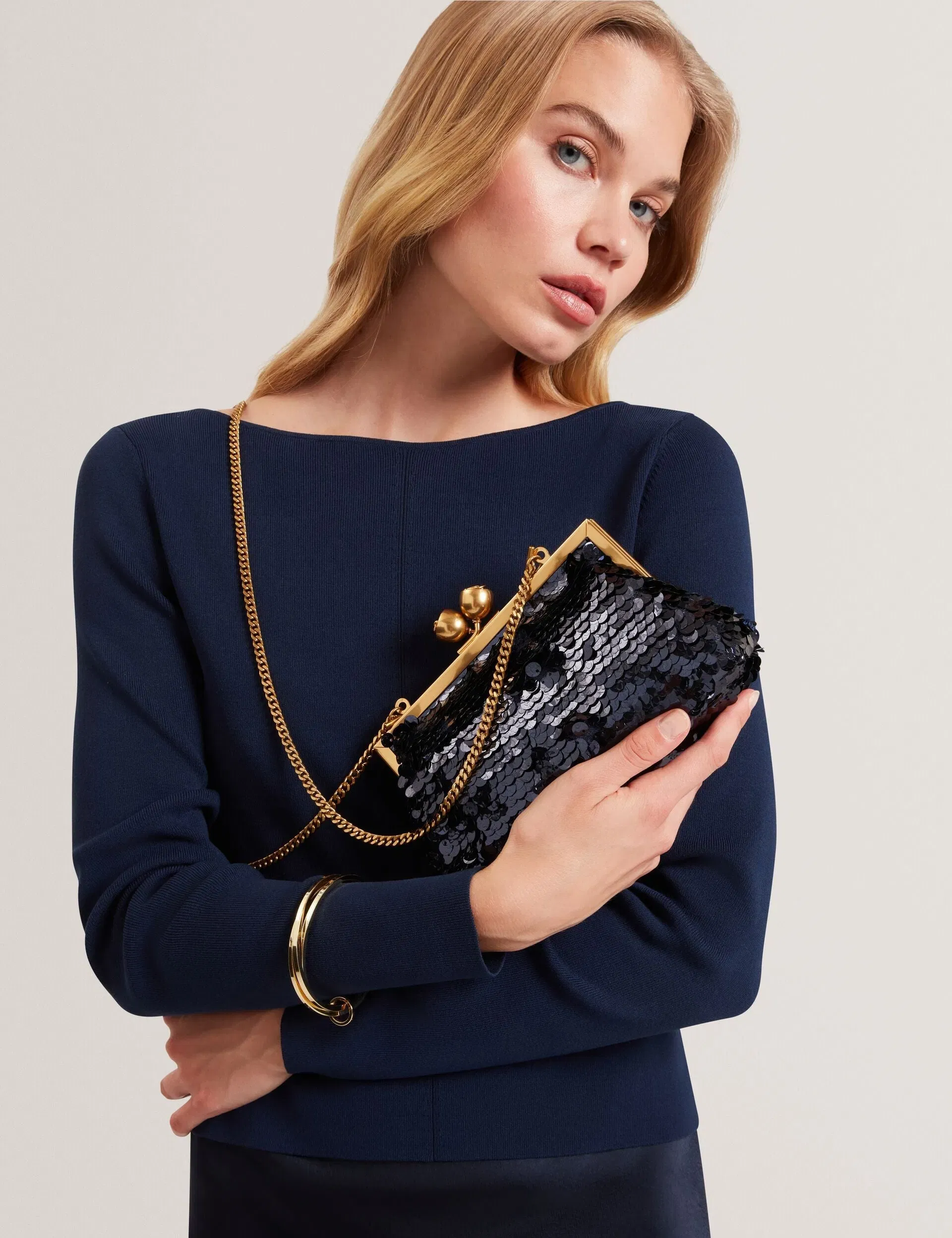 Ted Baker Sequinz Sequin Rose Clasp Clutch Bag Navy Women's
