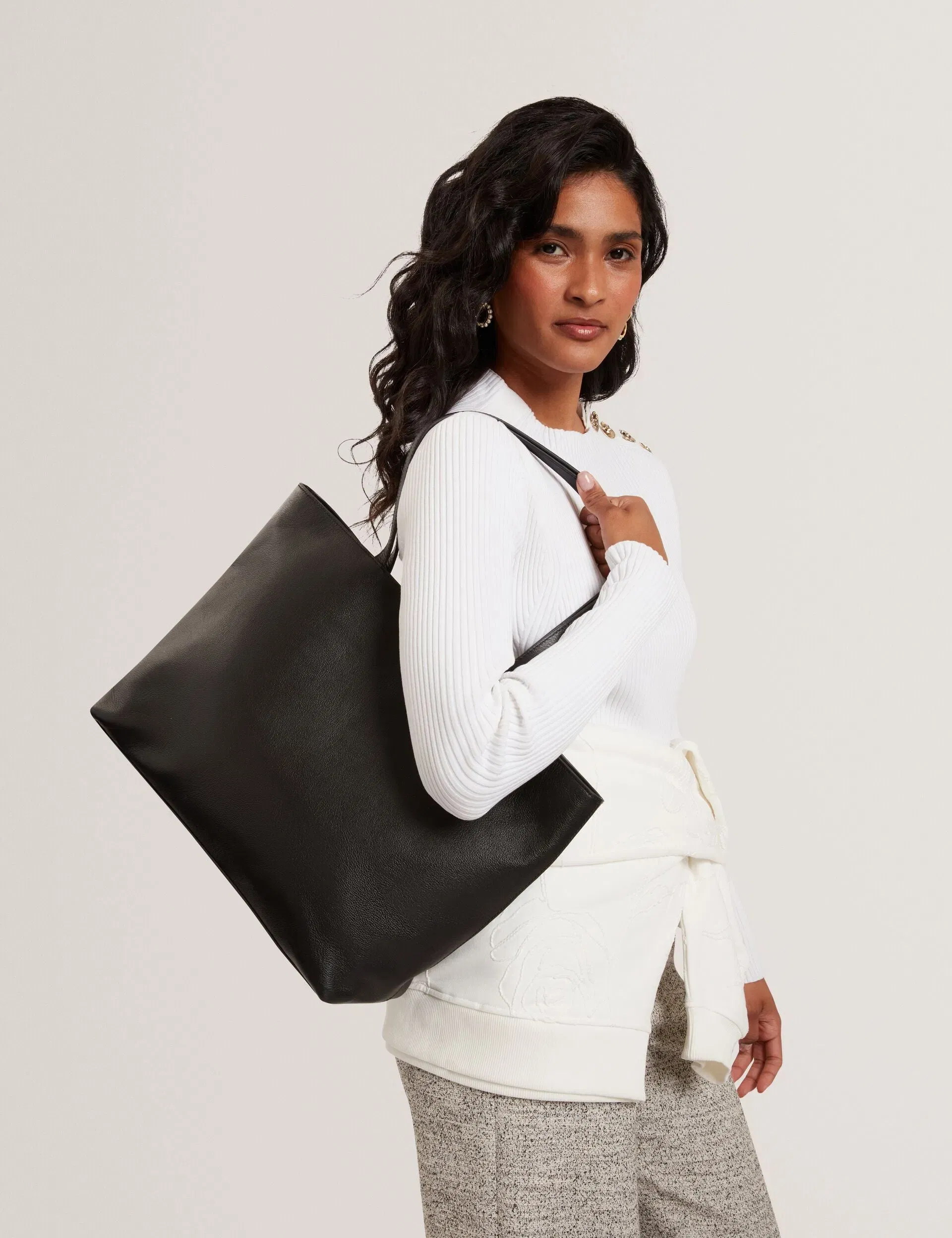 Ted Baker Lenyya Pebbled Leather Wide Tote Bag Black Women's