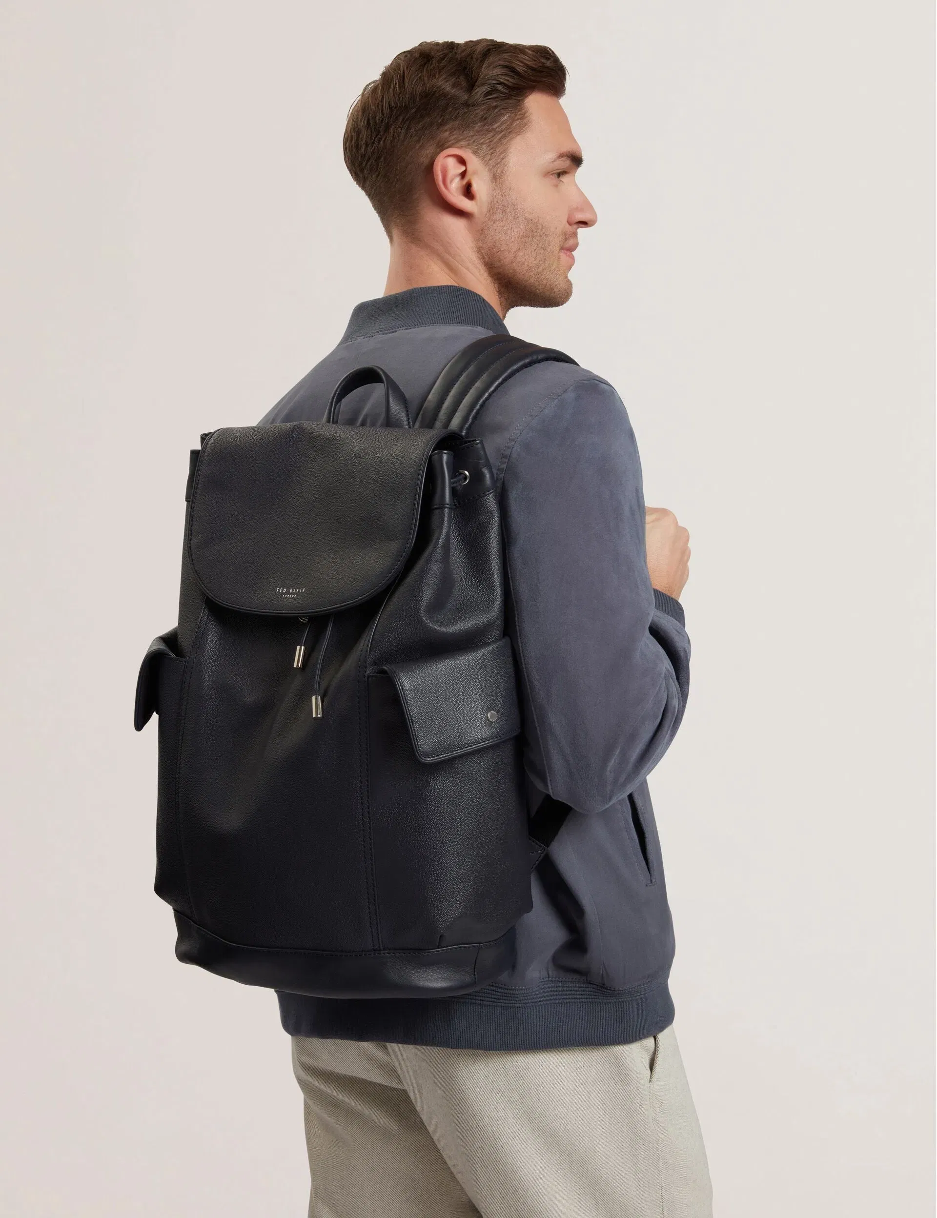 Ted Baker Kailebs Navy Caviar Leather Draw Cord Large Backpack Dark Navy