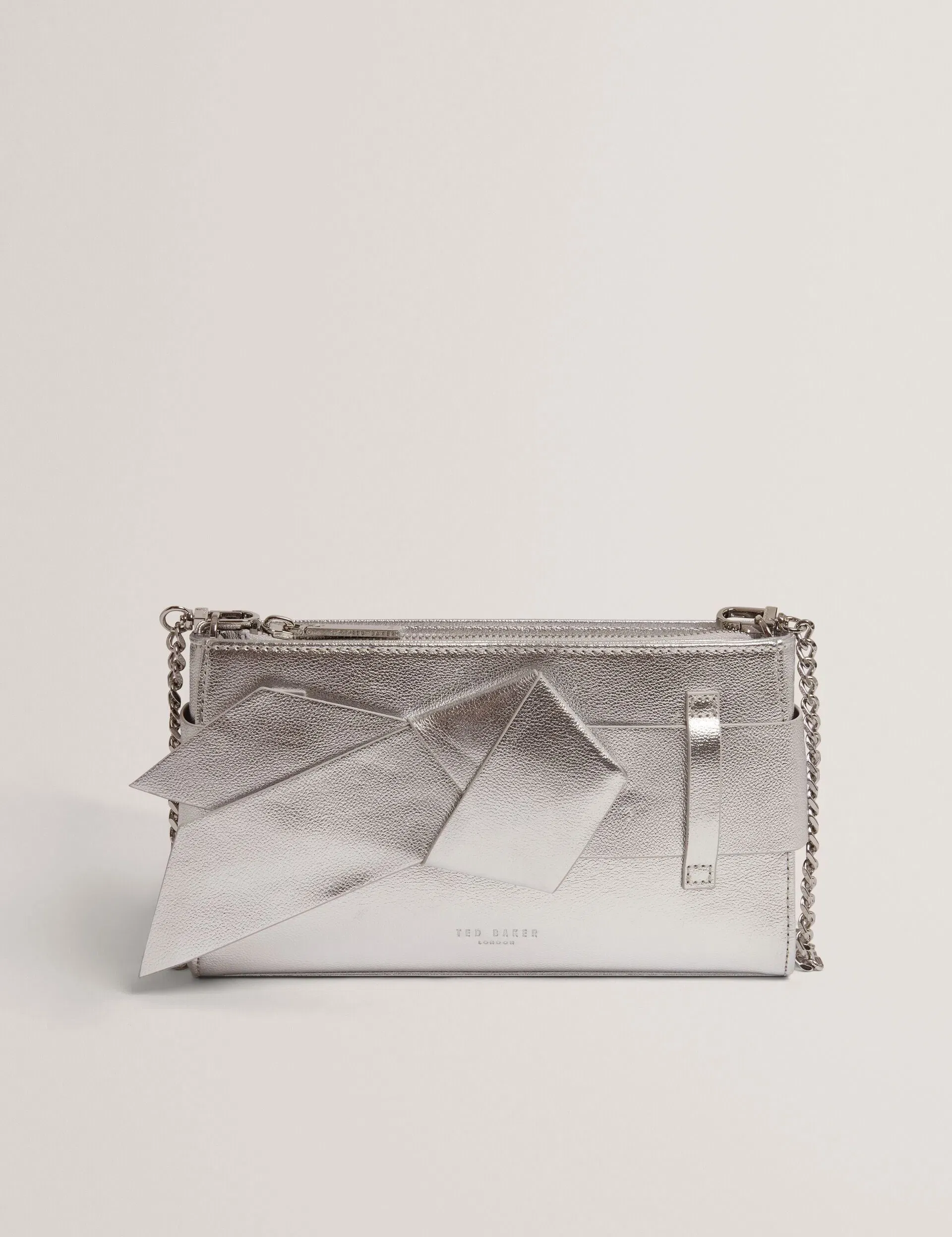 Ted Baker Jimmah Metallic Pu Bow Trim Clutch Bag Silver Women's