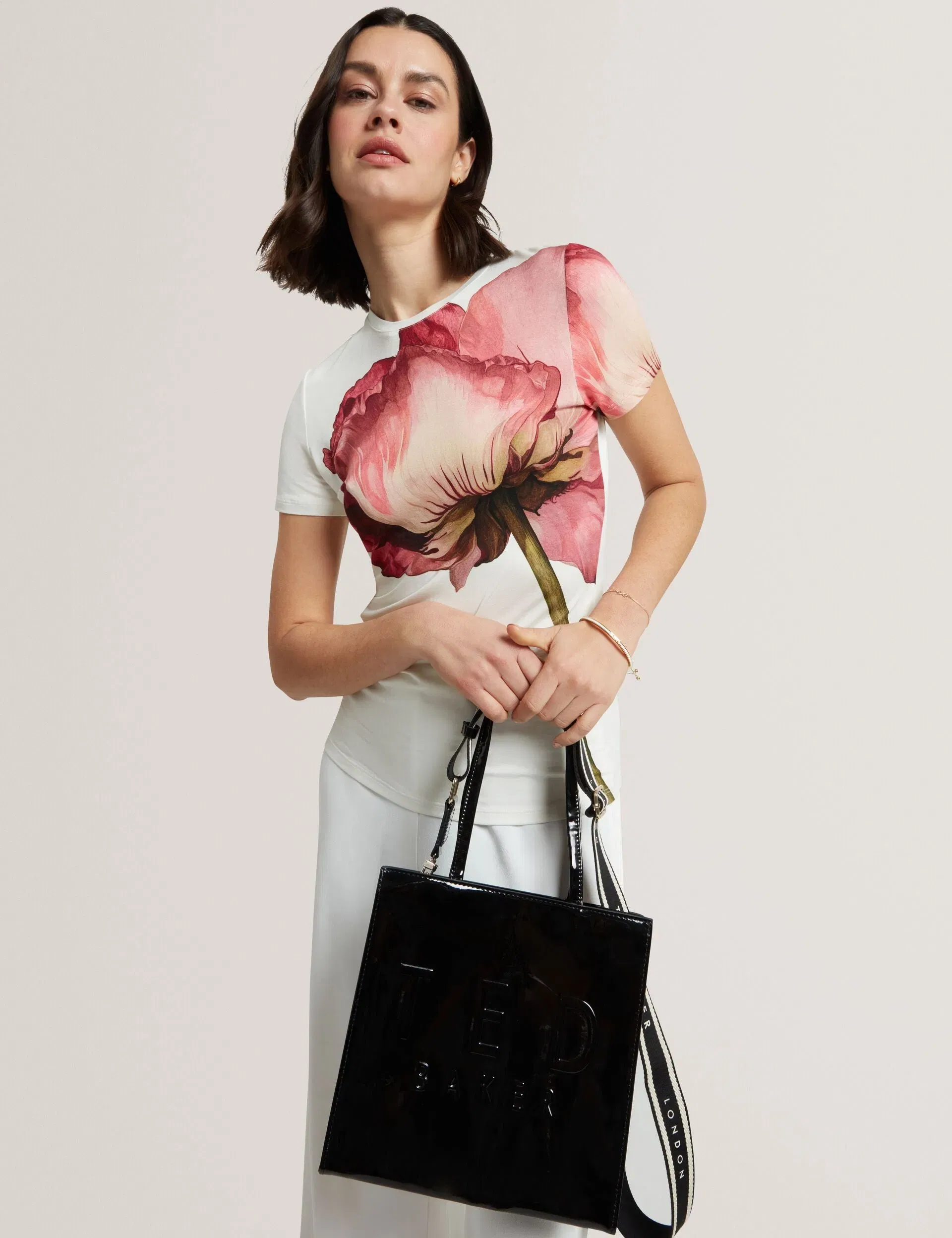 Ted Baker Iconica Patent Webbing Strap Small Icon Tote Bag Black Women's