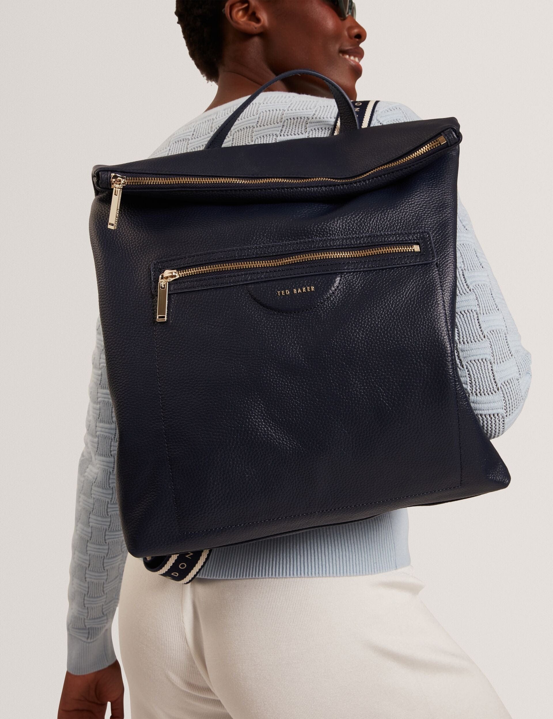 Ted Baker Essaya Leather Webbing Strap Fold Over Backpack Navy Women's