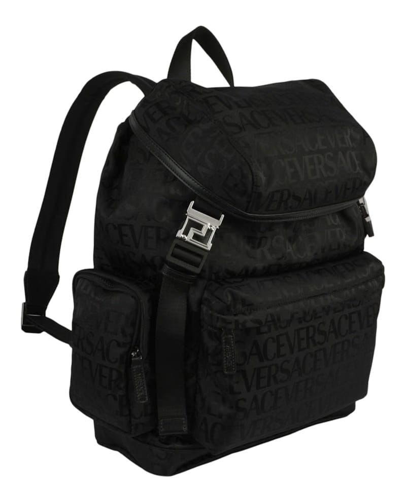 Versace All Over Logo Nylon Backpack Black