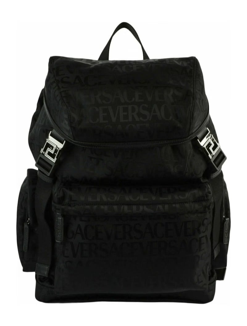Versace All Over Logo Nylon Backpack Black