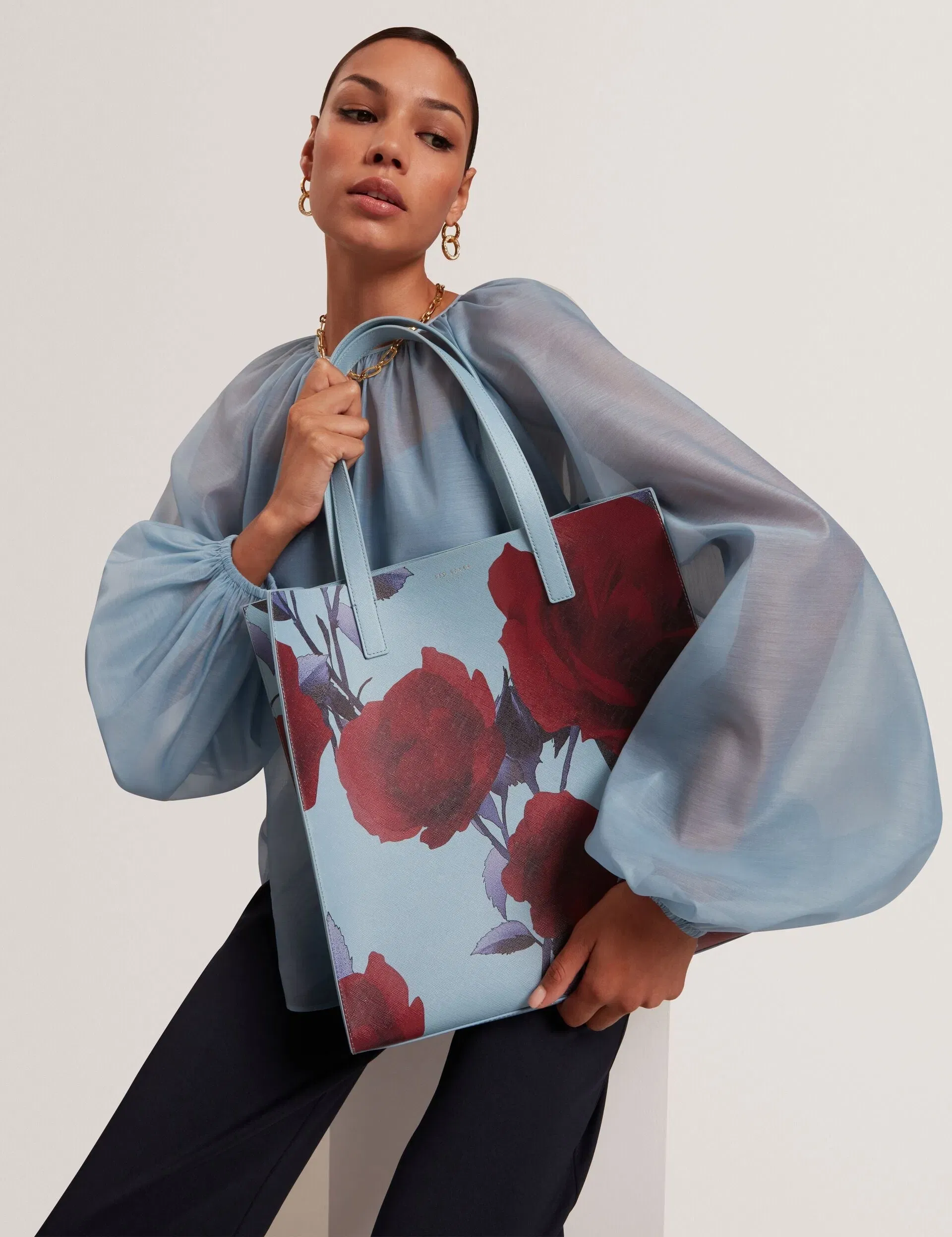 Ted Baker Elyzaa Large Rose Print Icon Bag Mid Blue Women's