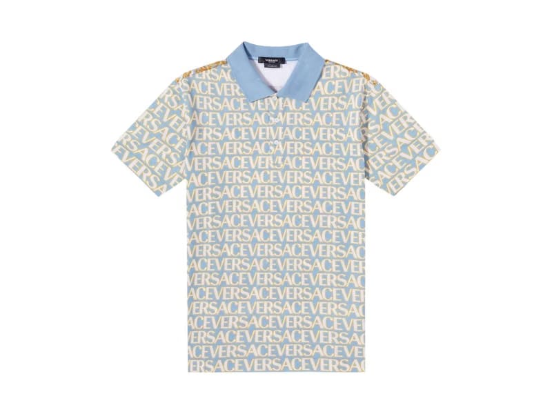 Versace All Over Logo Pique Polo Shirt Blue Multi