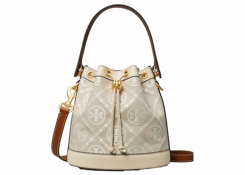 Tory Burch T Monogram Embossed-Logo Bucket Bag Almond White
